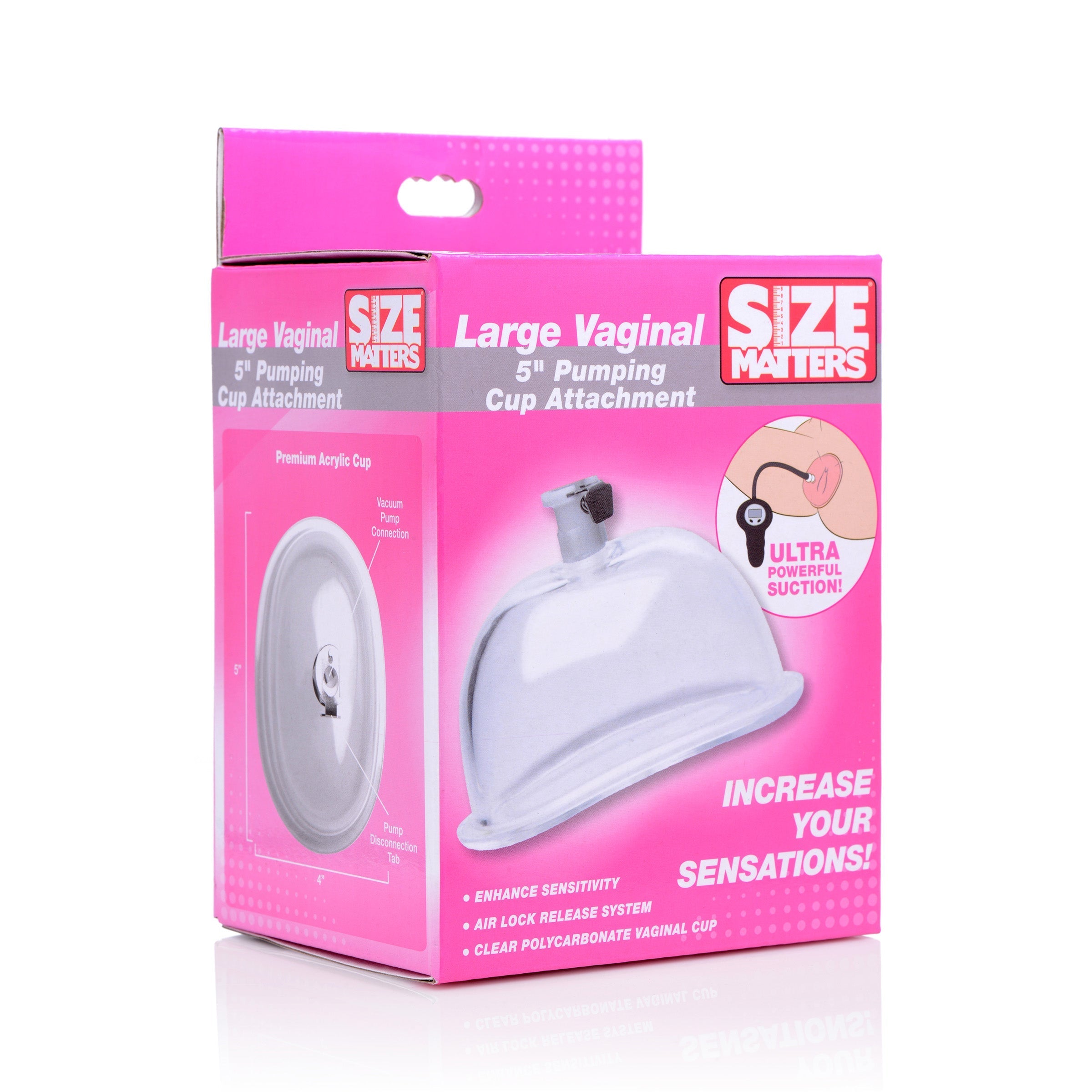 Packaging of the Large Vaginal 5 Inch Pumping Cup Attachment with product information