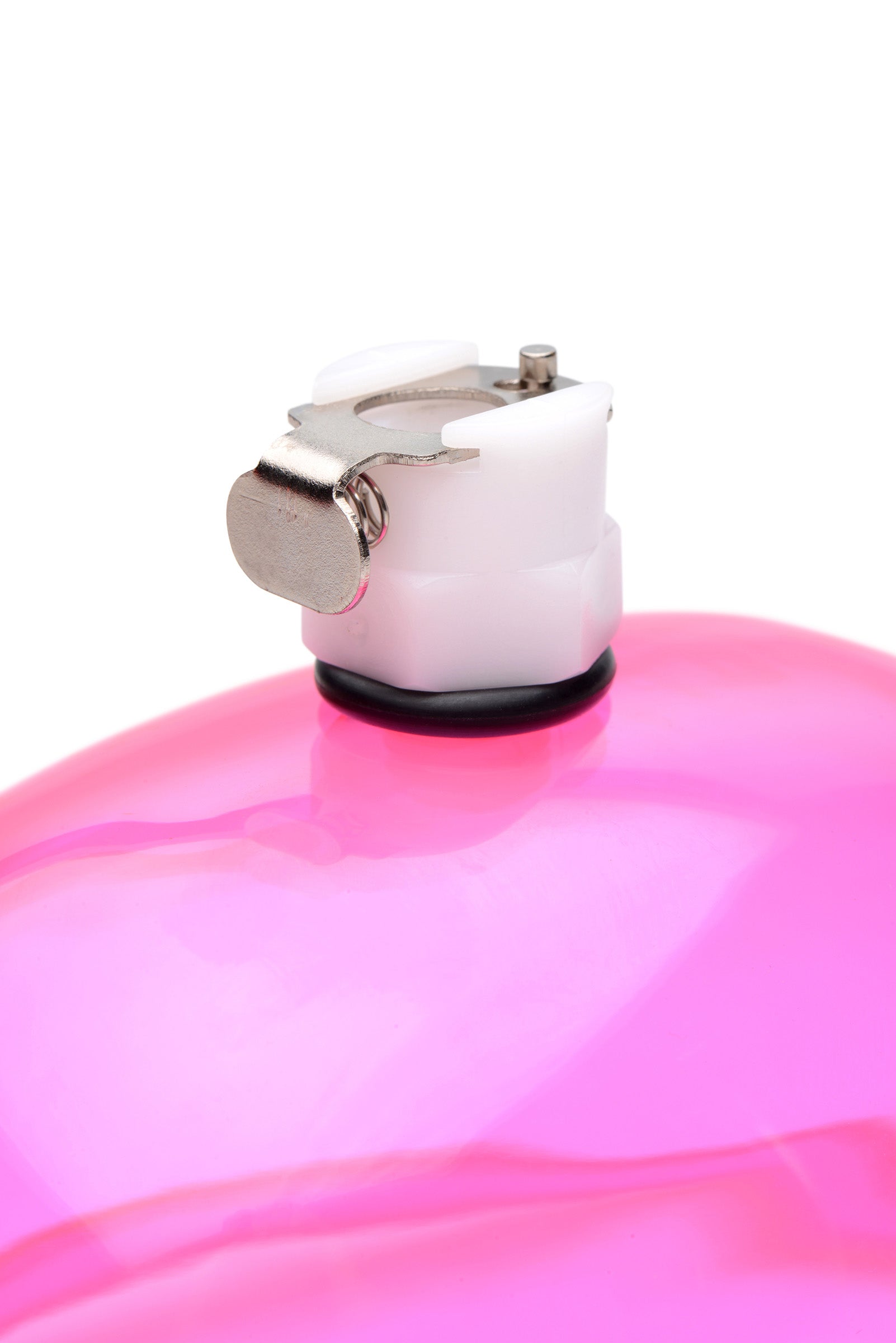 A product shot of a pink vaginal suction device with a metallic release valve