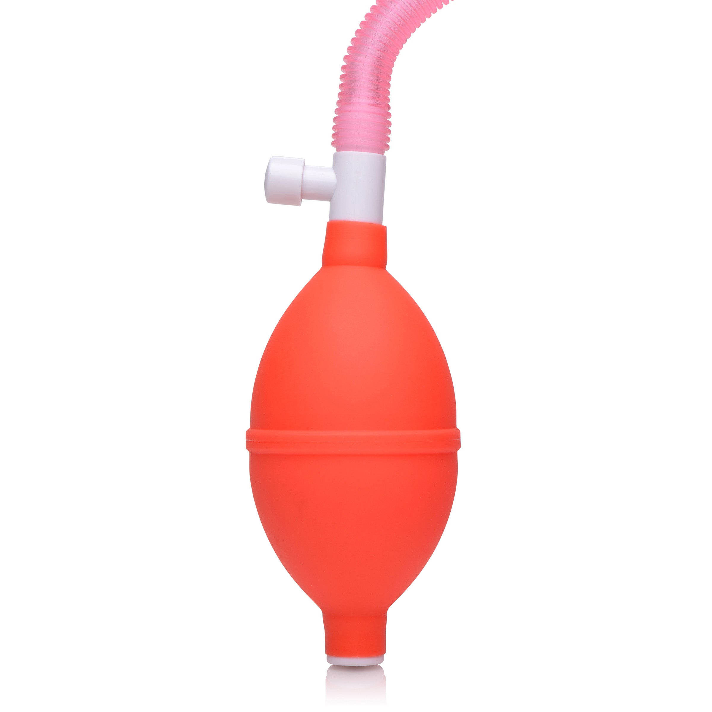 A vaginal pump with a red cup and white tubing for intimate suction