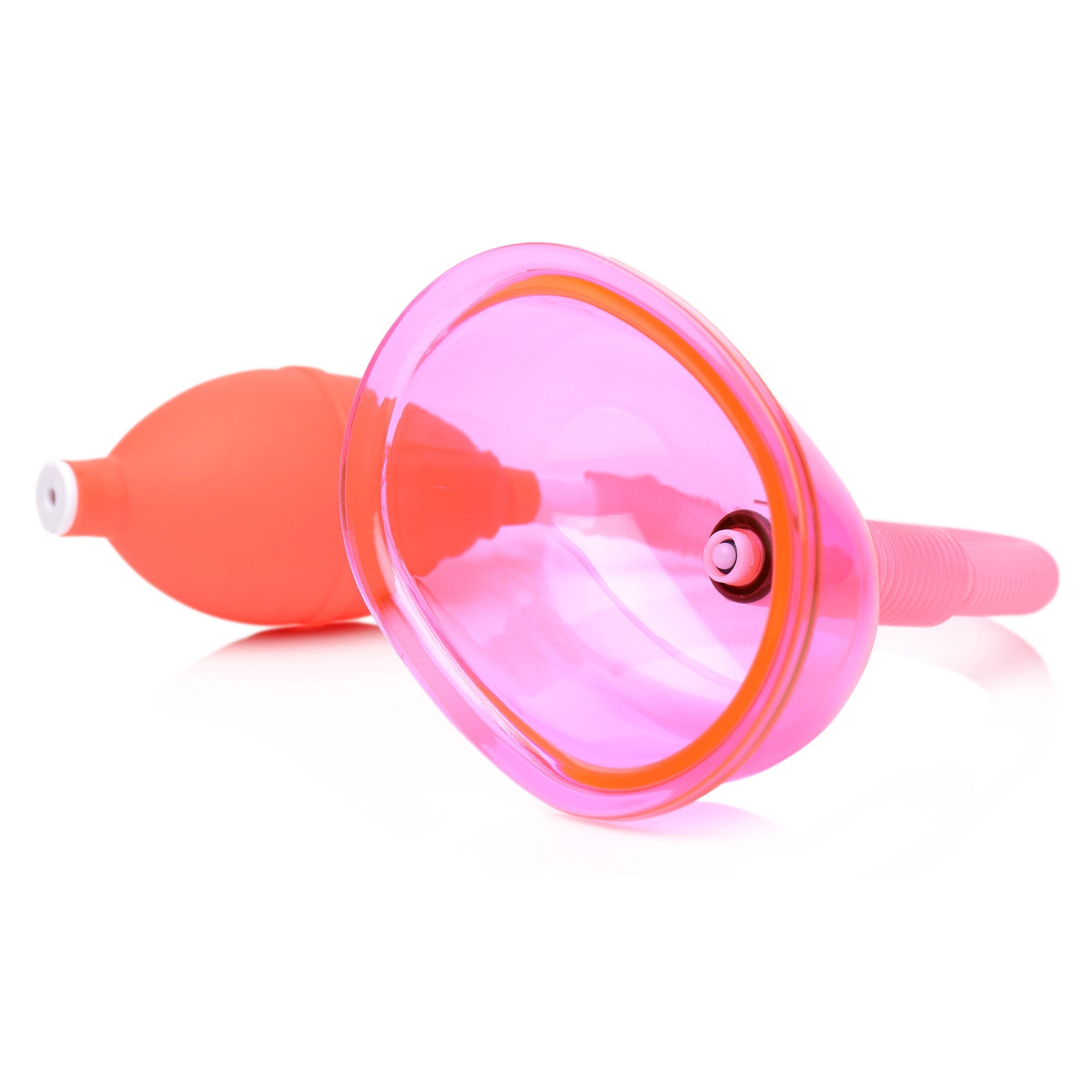 A side view of a pink vaginal pump with an ergonomic handle for ease of use