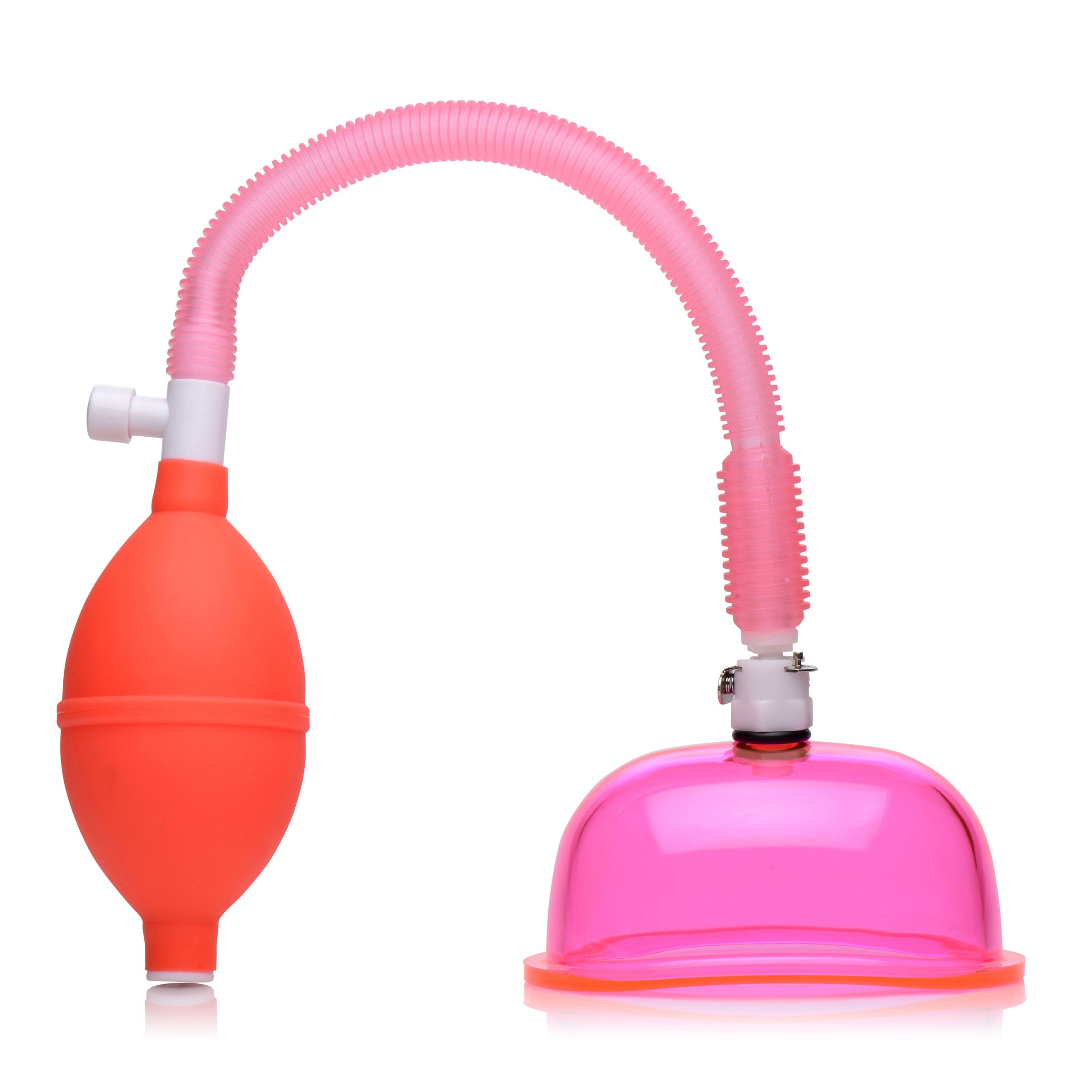 A pink vaginal pump with an attached orange hose for creating suction