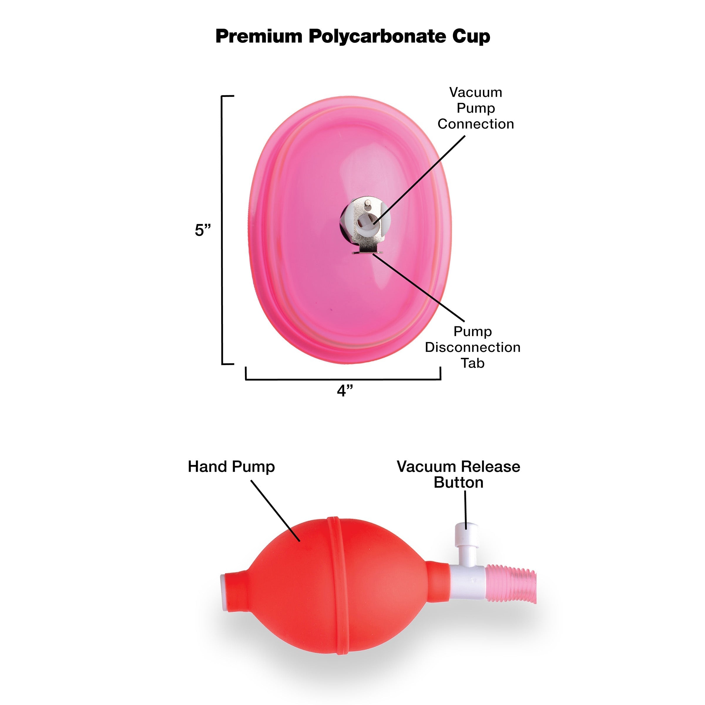 An instructional diagram showing the dimensions of a vaginal pump and its cup