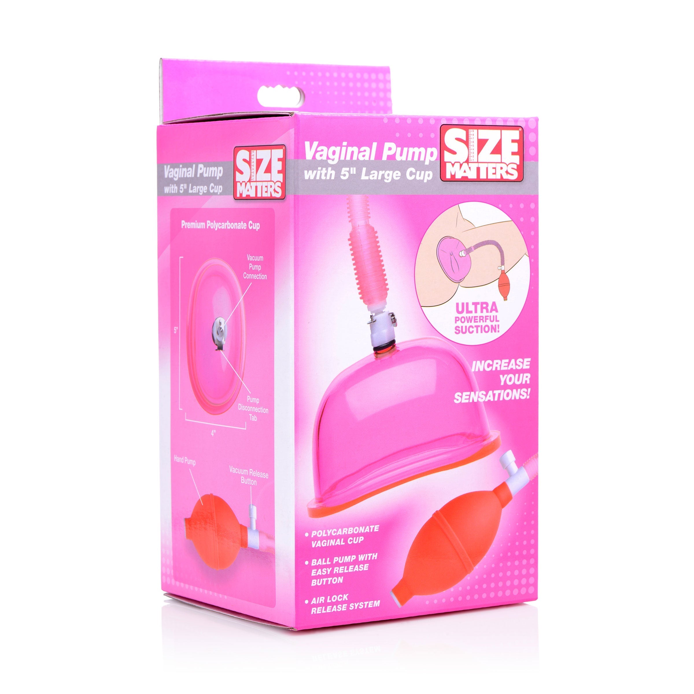 A pink vaginal pump marketed as a size-enhancing device for women