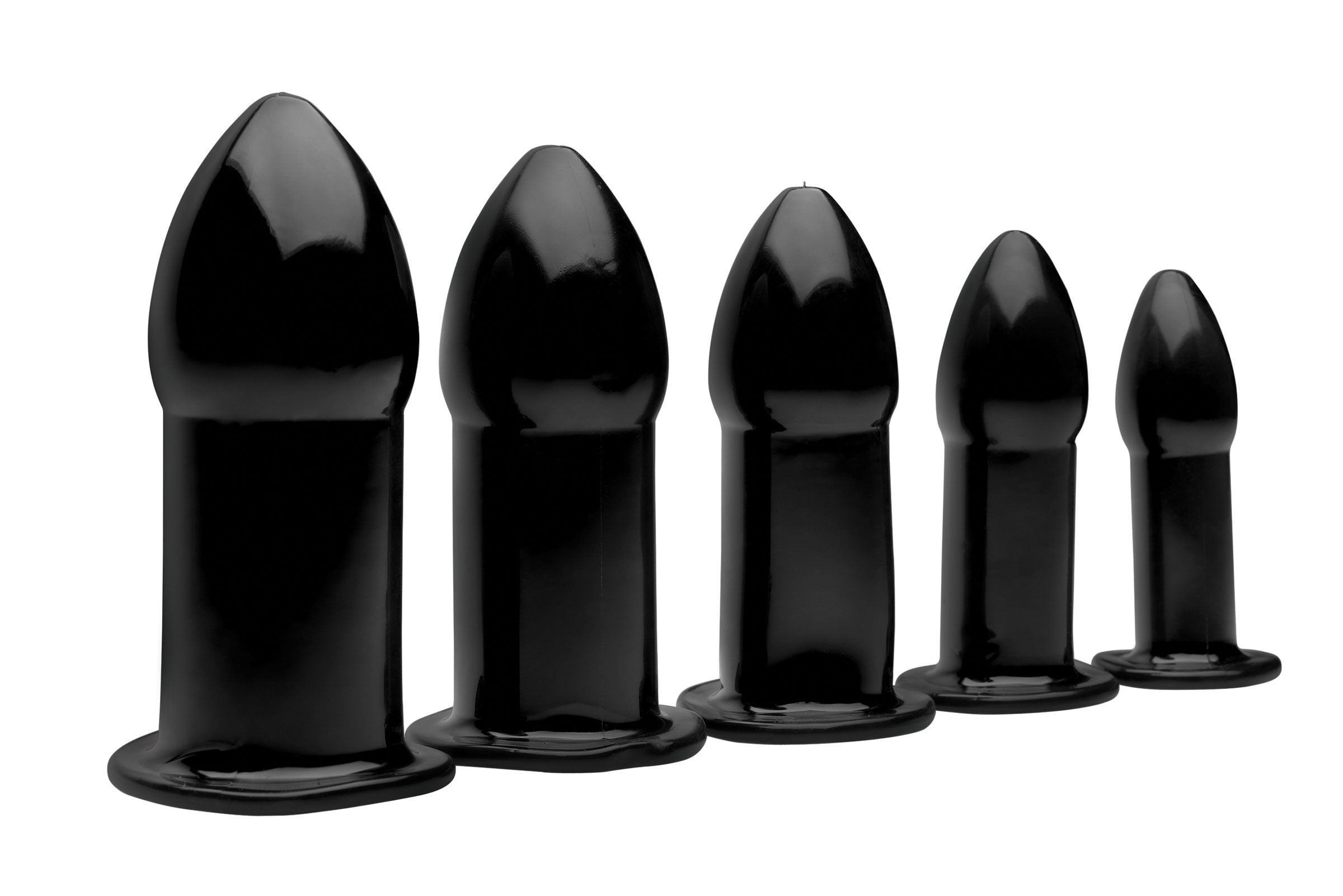 A set of black silicone butt plugs in various sizes for training