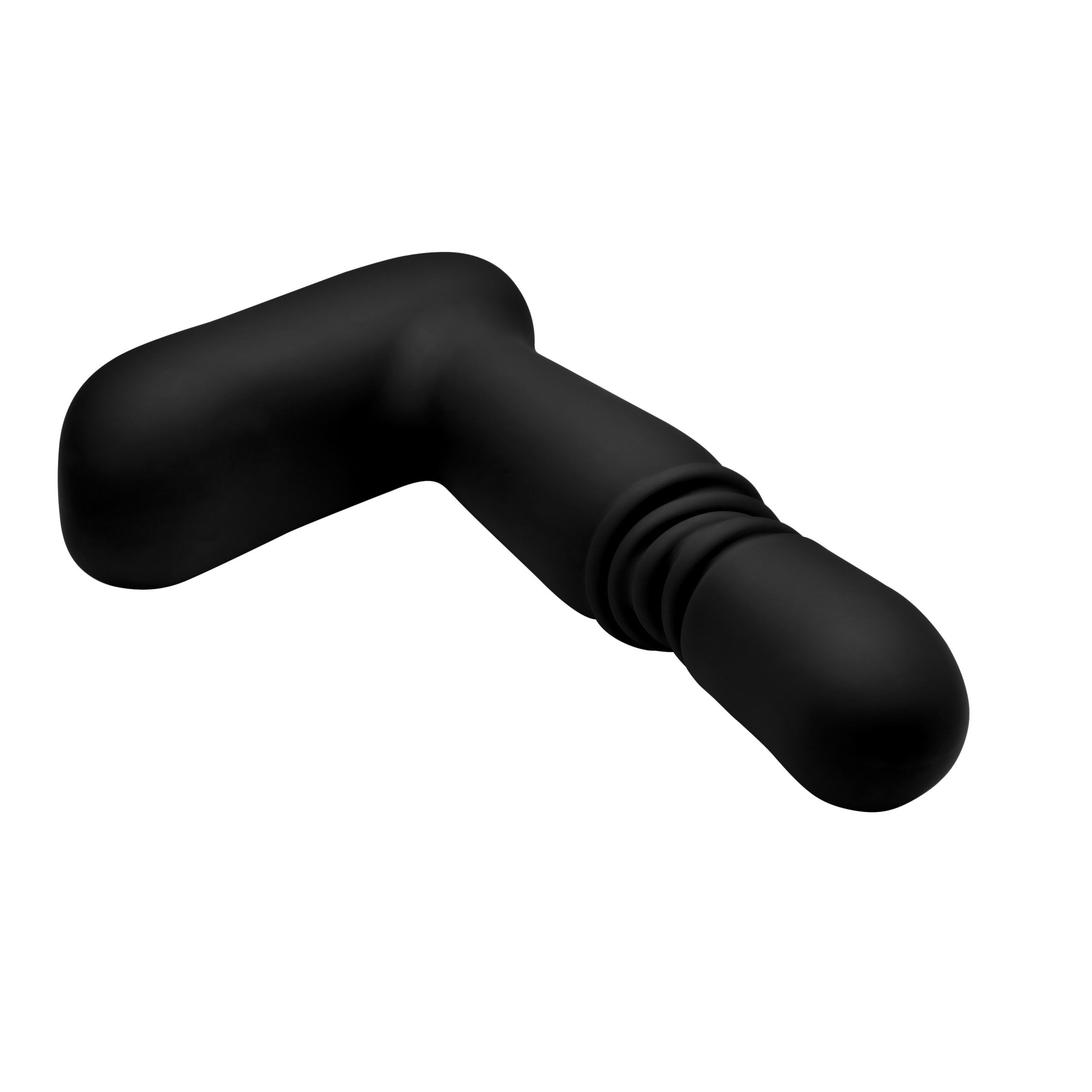 Silicone thrusting anal plug against a white backdrop