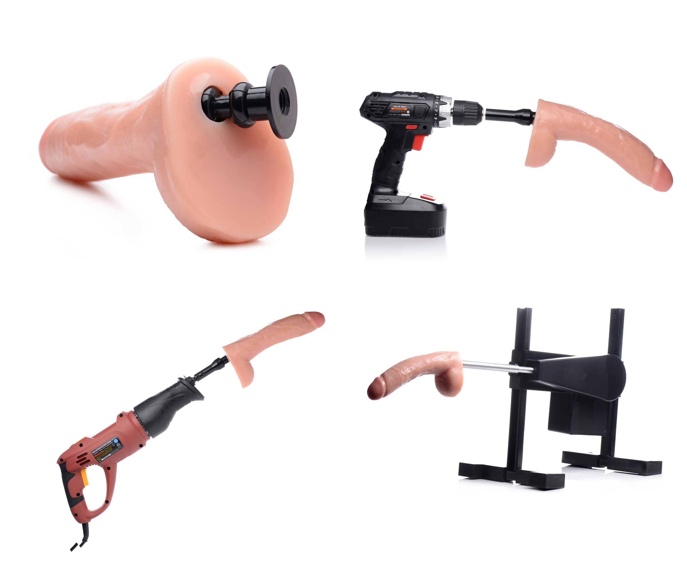 Collection of sex toys featuring the 10-inch cock lock dildo with balls