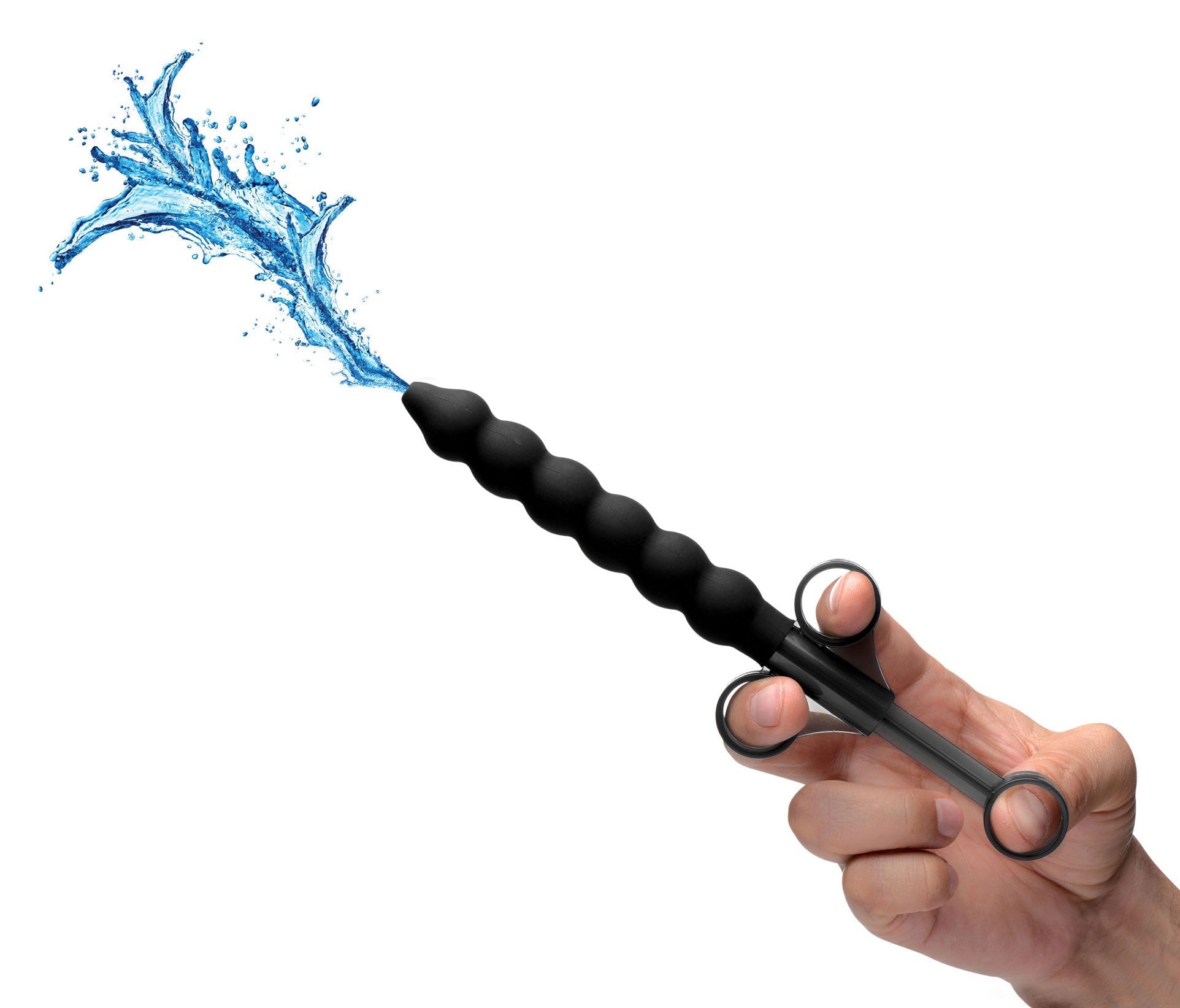 Hand gripping a silicone lubricant launcher with beaded texture for precise application