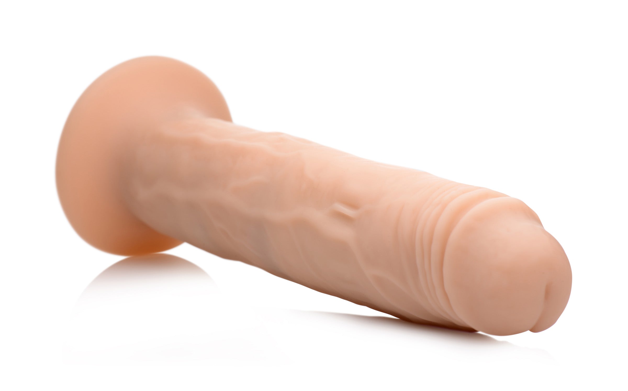 Kinetic Thumping 7x Dildo in pink silicone material on a white backdrop