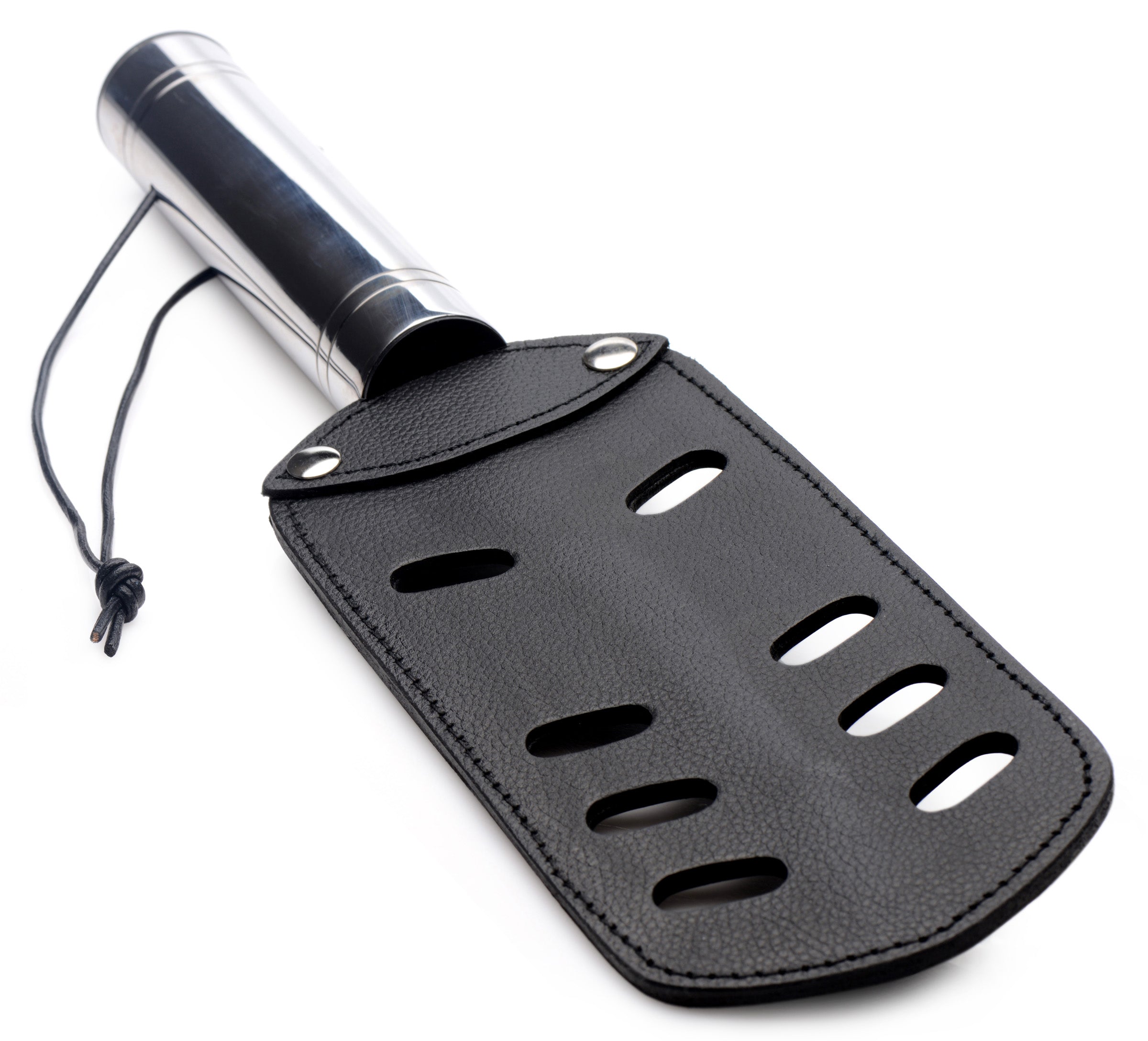 Leather spanking paddle with aerodynamic holes and a wrist strap