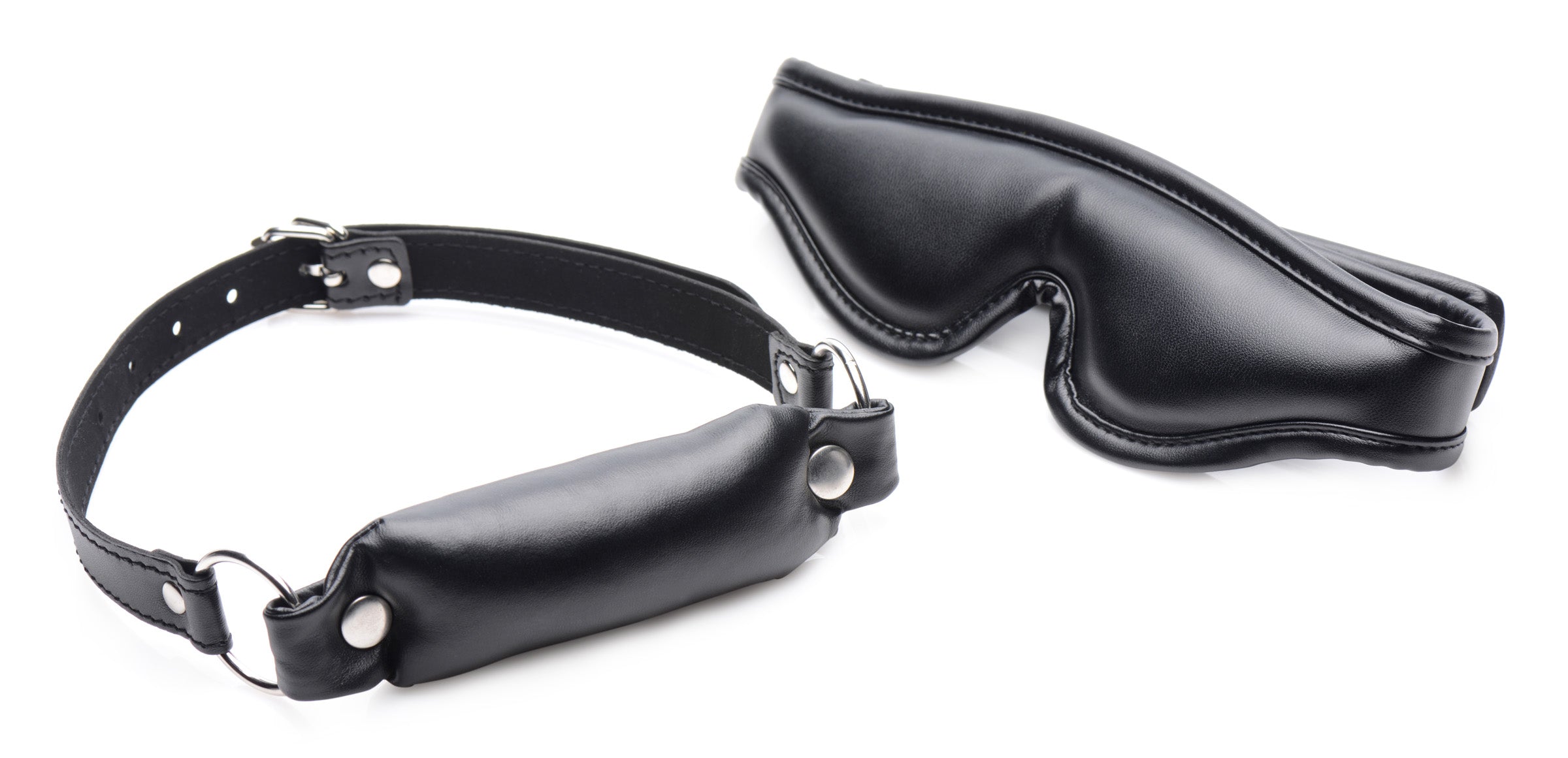 Black padded blindfold and gag set with adjustable straps