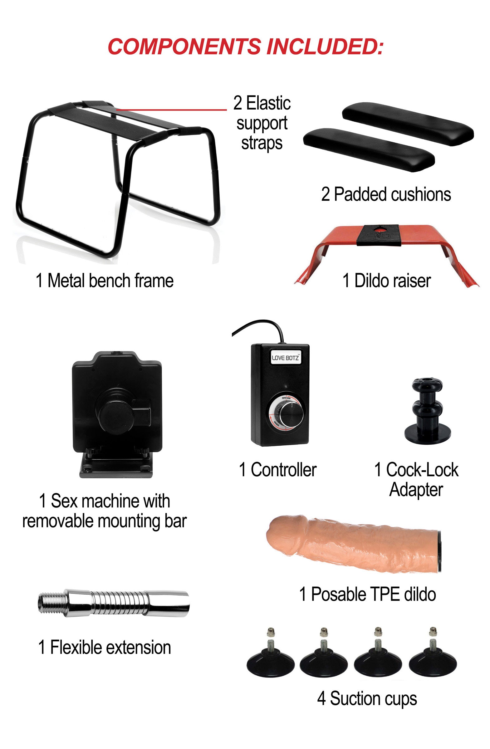 Various components and attachments included with the 4-in-1 Banging Bench