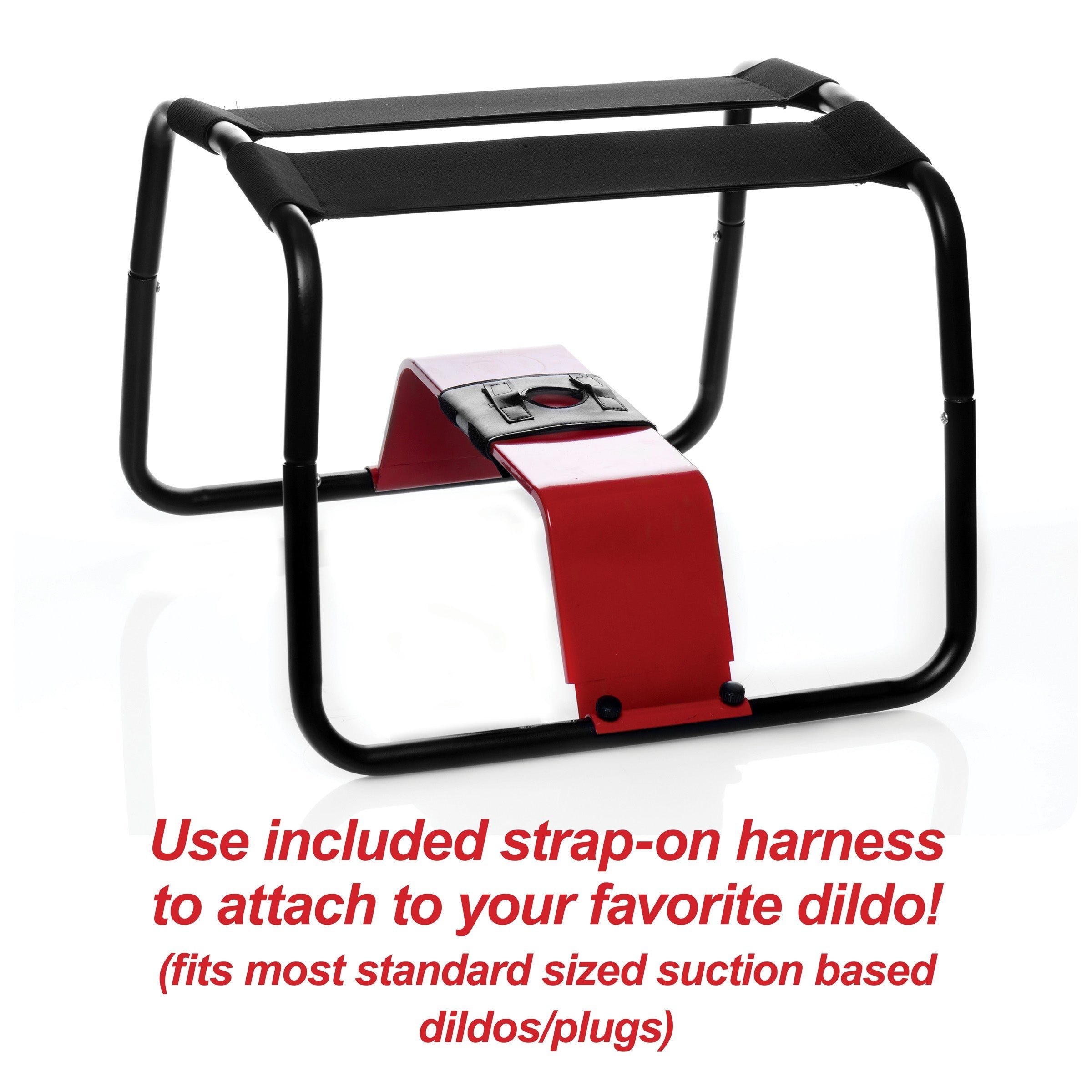 Detail of the red and black stand featuring the strap-on harness attachment