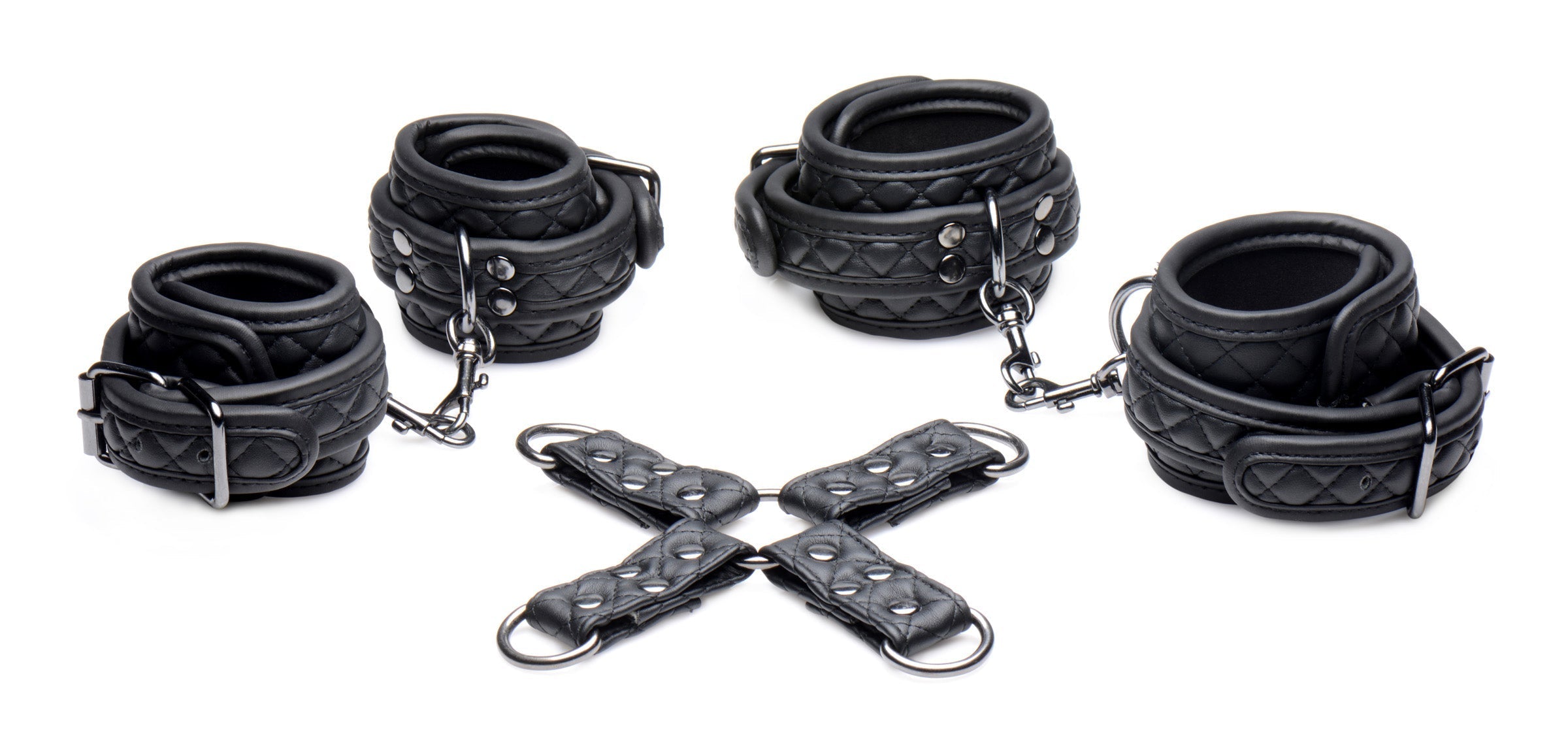 Complete set of black leather bondage cuffs with connecting chains