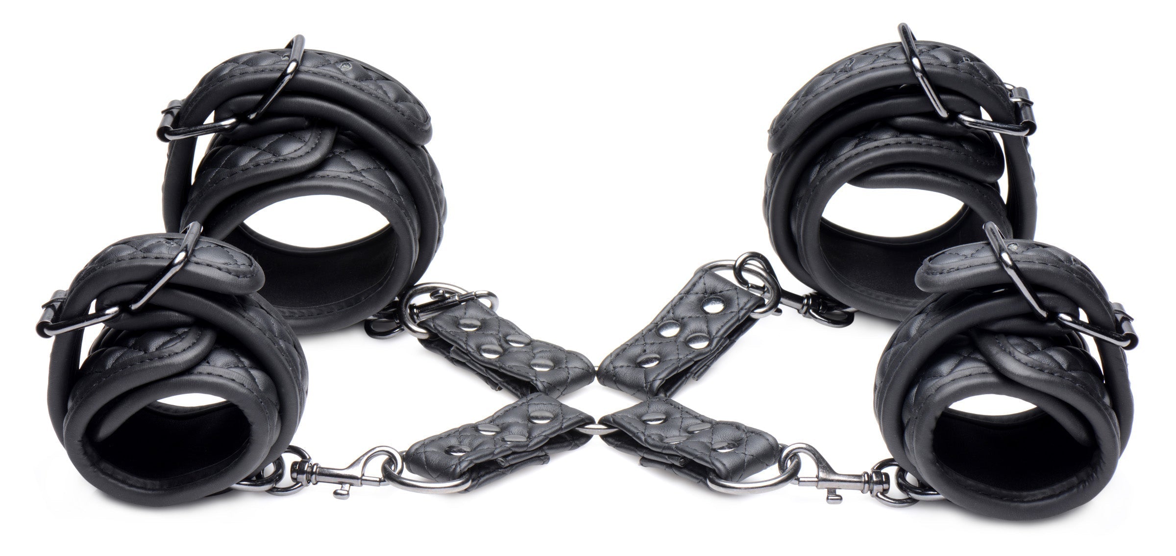 Black wrist and ankle restraint set with chain links for bondage play