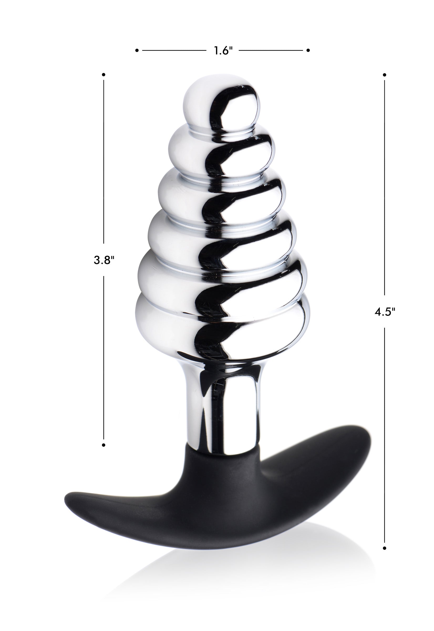 Dark Hive Metal and Silicone Ribbed Anal Plug with dimensions displayed