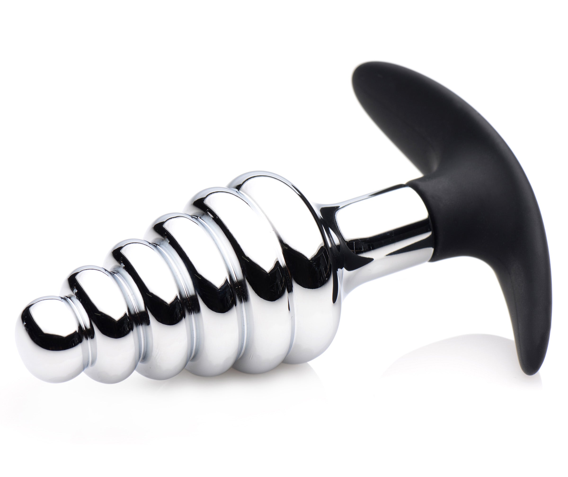 Black and chrome ribbed anal plug by Master Series on a white background