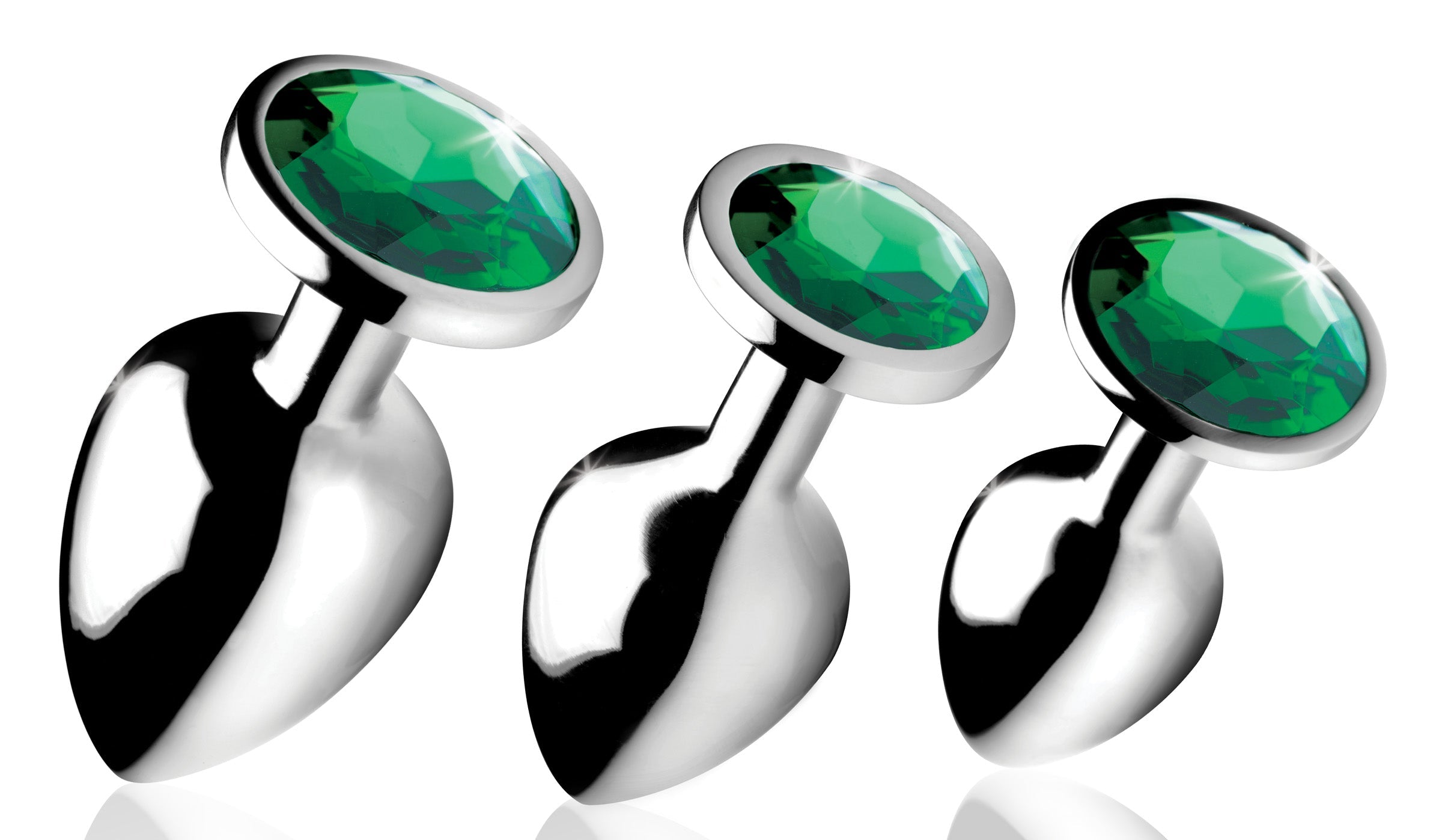 Collection of anal plugs with green gemstone embellishments