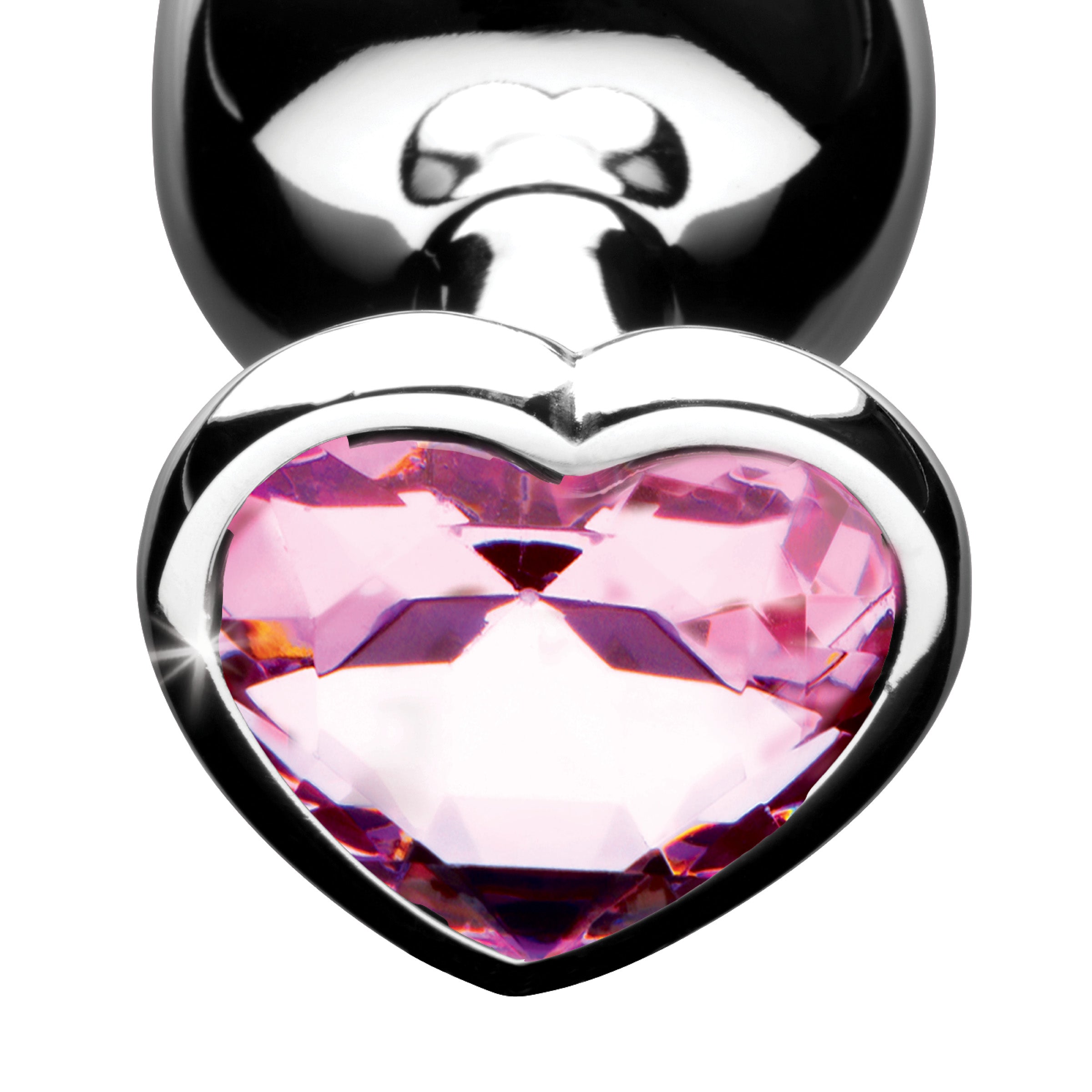 Silver anal plug with a pink heart-shaped crystal detail