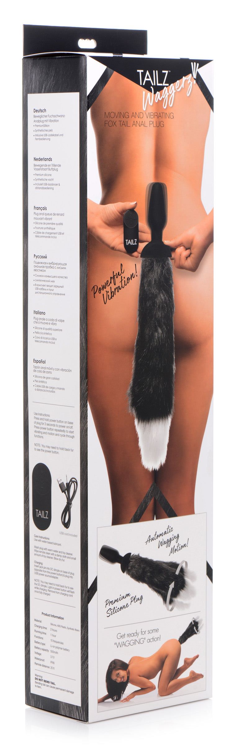 Open packaging of a remote control wagging fox tail anal plug