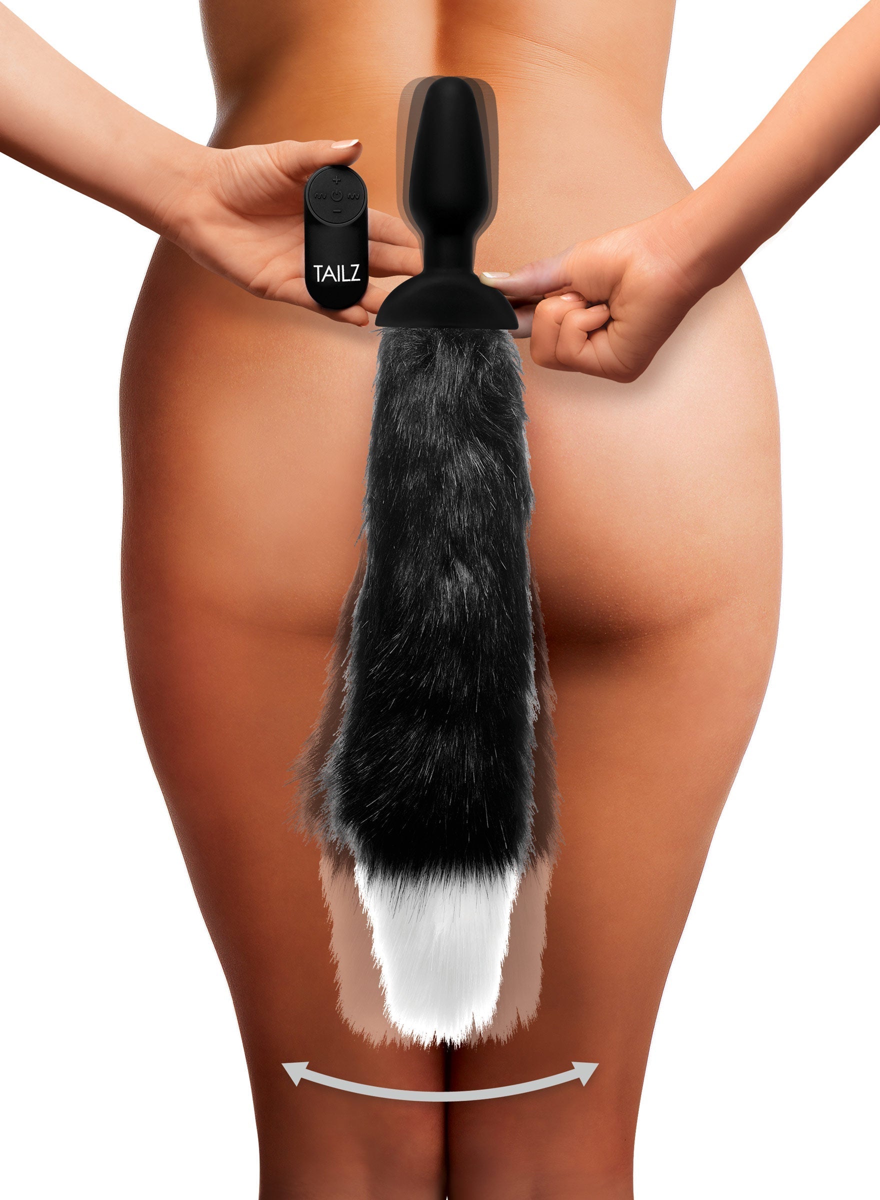 Rear view of a woman wearing a fox tail anal plug