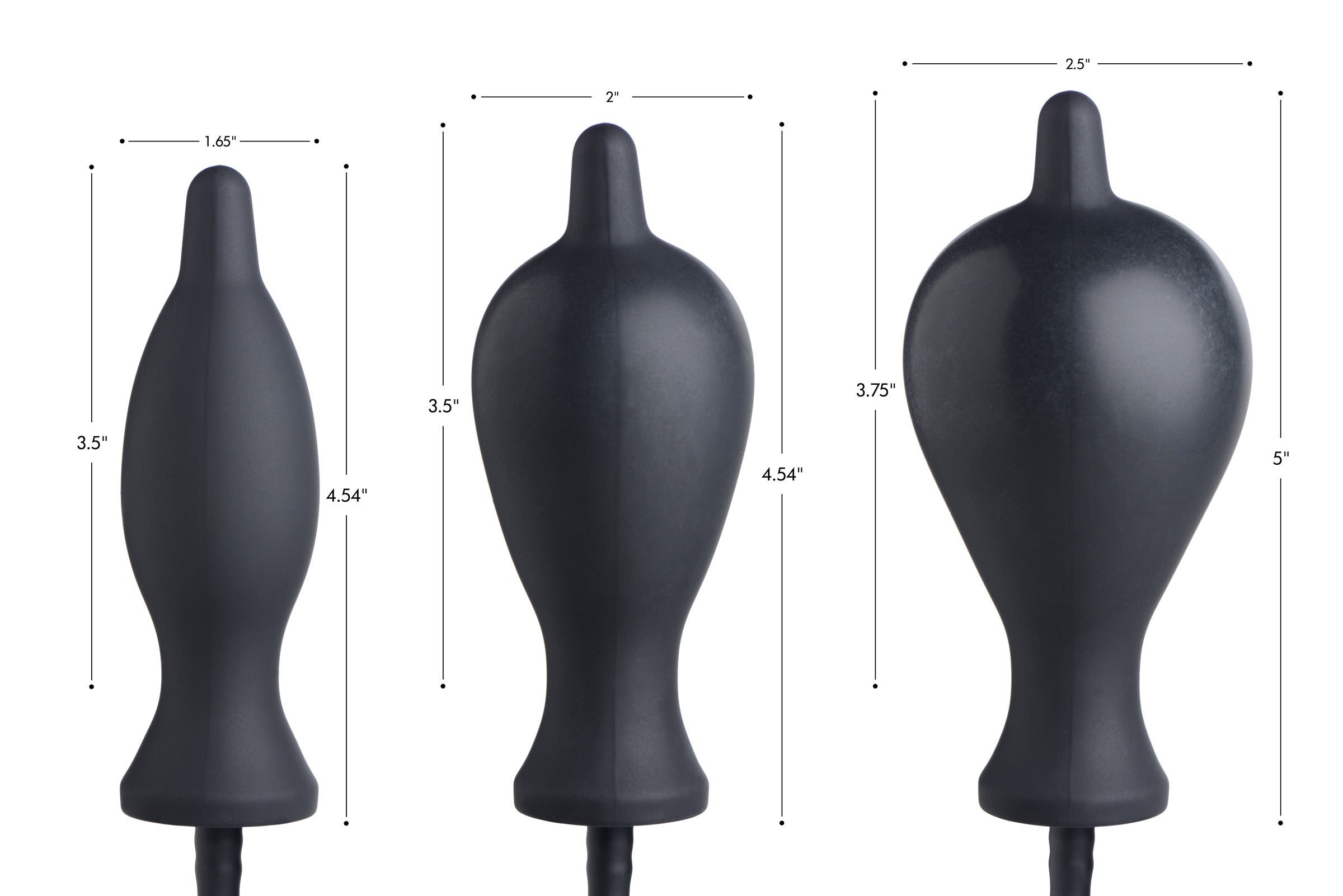 Set of the Dark Inflator Anal Plug showcasing its inflatable feature at different sizes