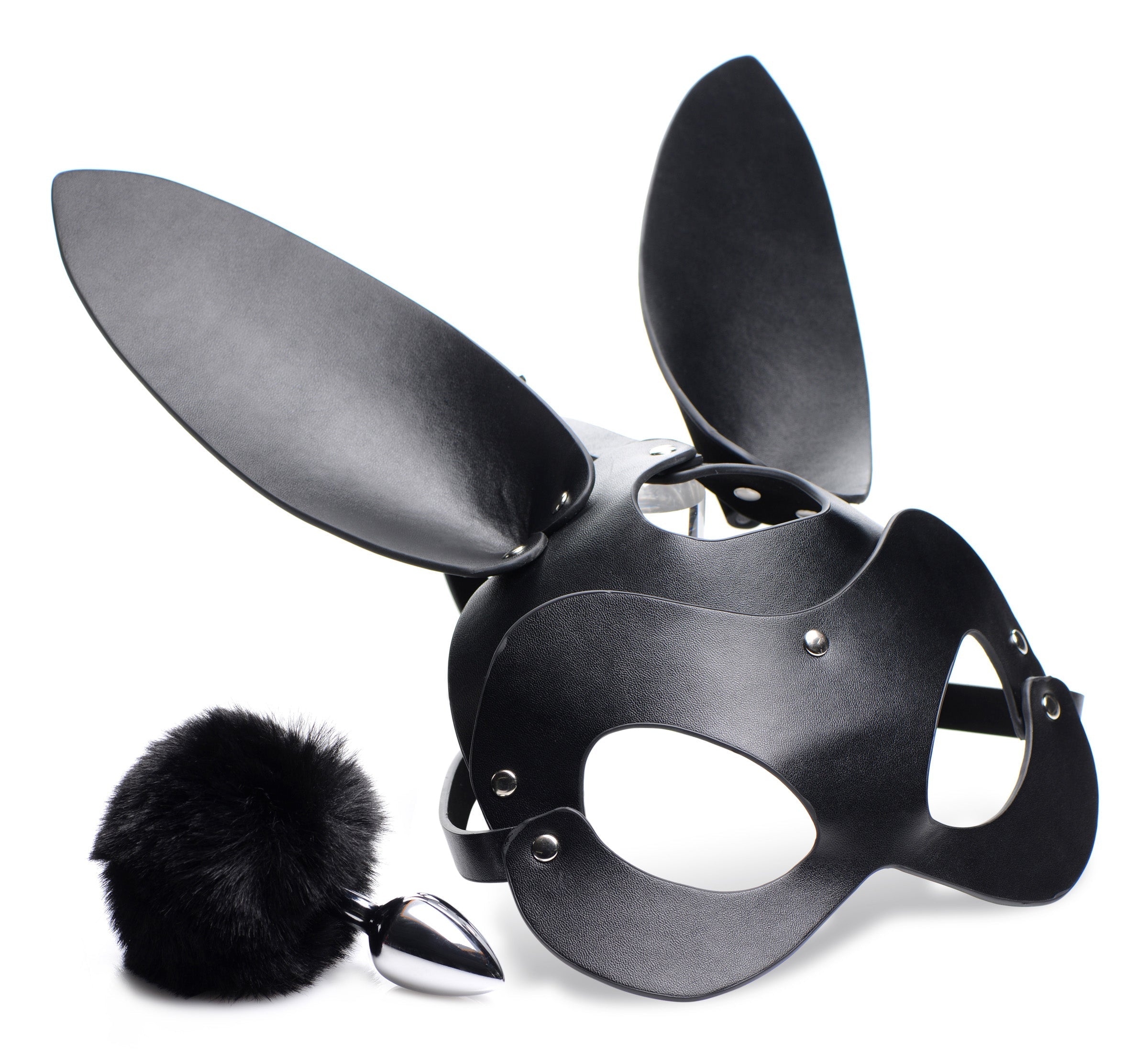 Detail view of the black leather bunny mask with ears from the set