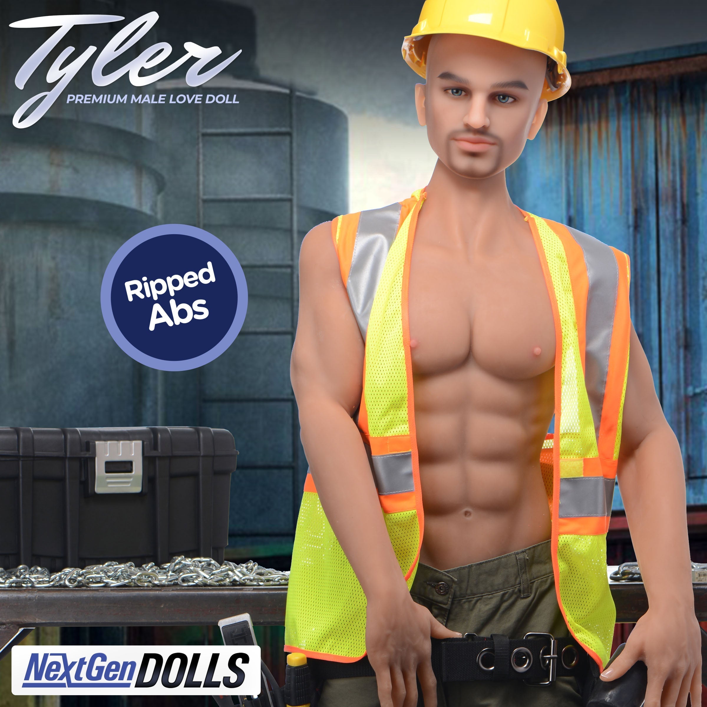 Close-up of Tyler love doll's well-defined abdominal muscles