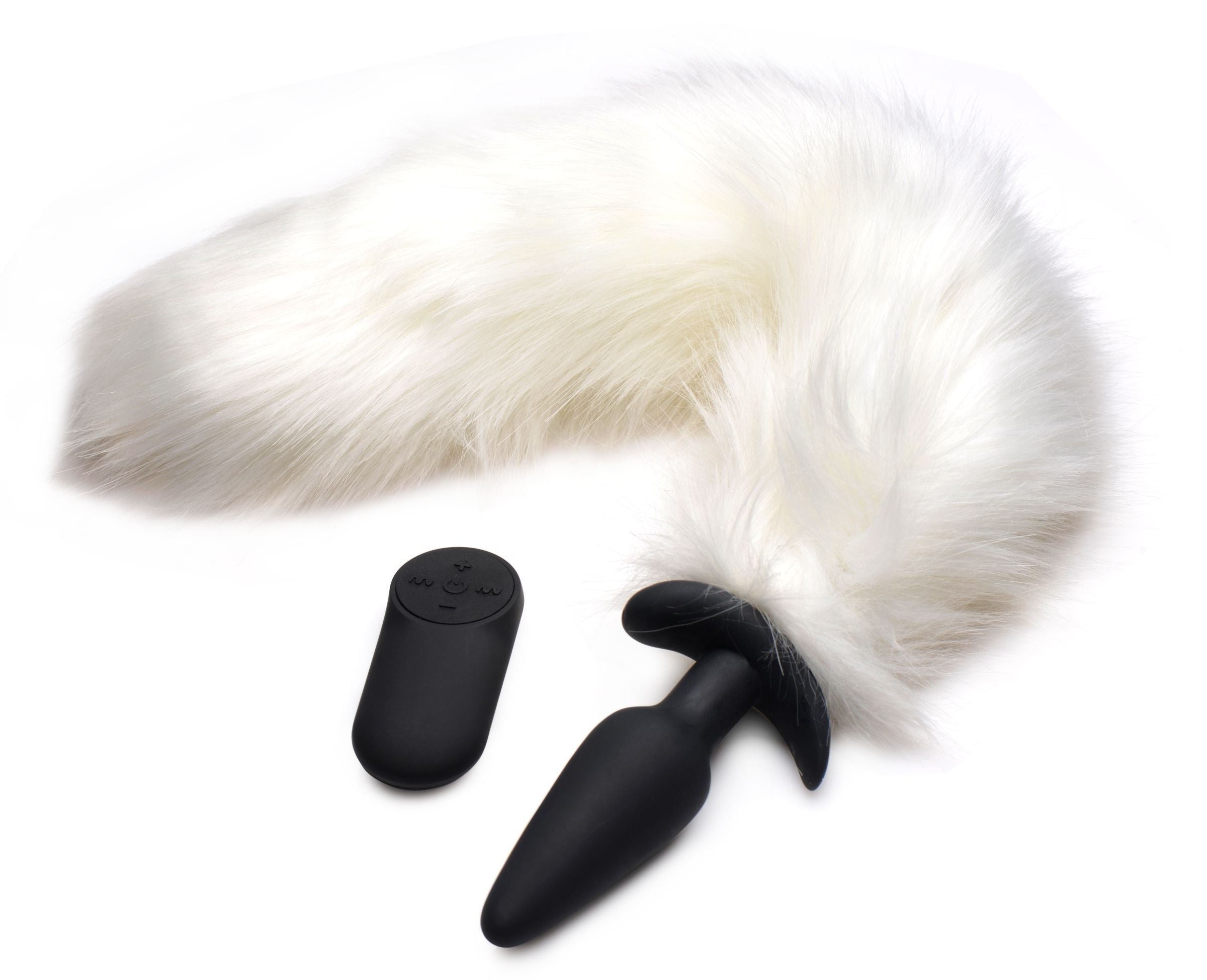 The slender anal plug with a white, fluffy fox tail attached