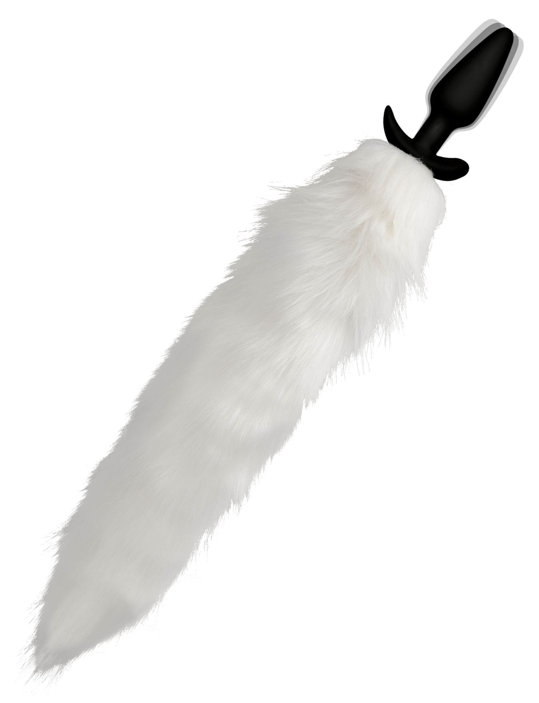 Detail view of the white fox tail with attached slender anal plug