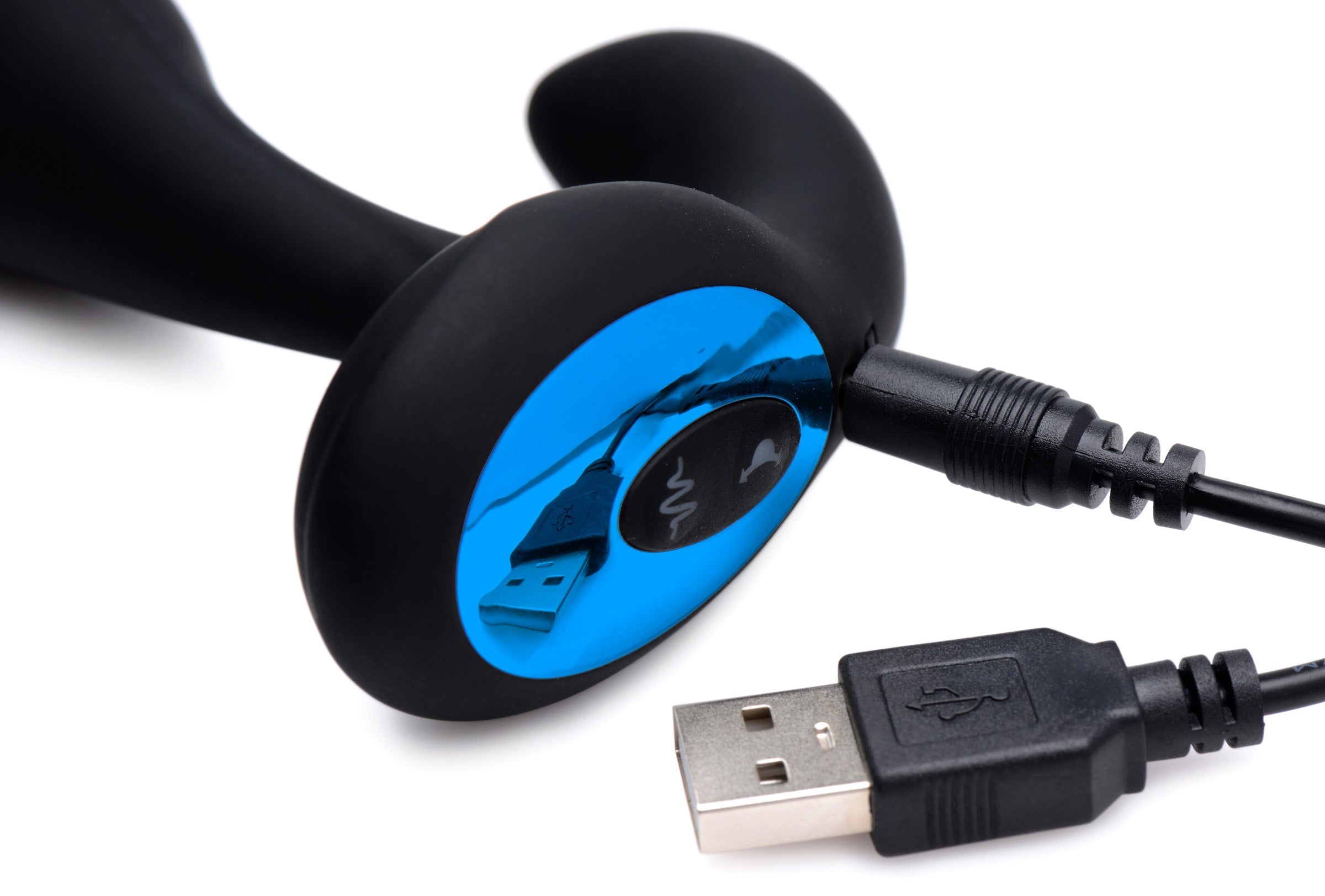 Blue and black prostate stimulator with an included USB charging cable