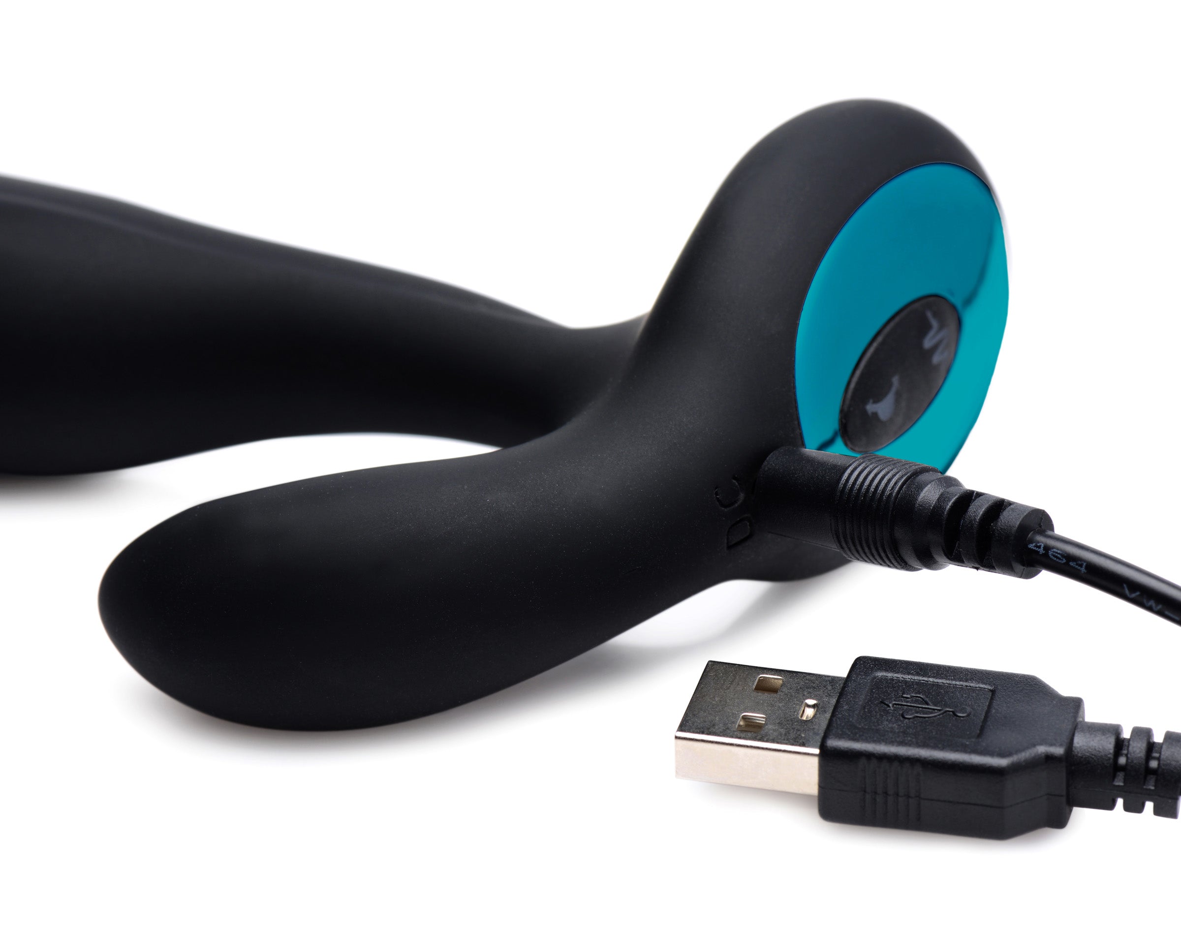 Ergonomic black and blue prostate vibrator with a USB charging cable