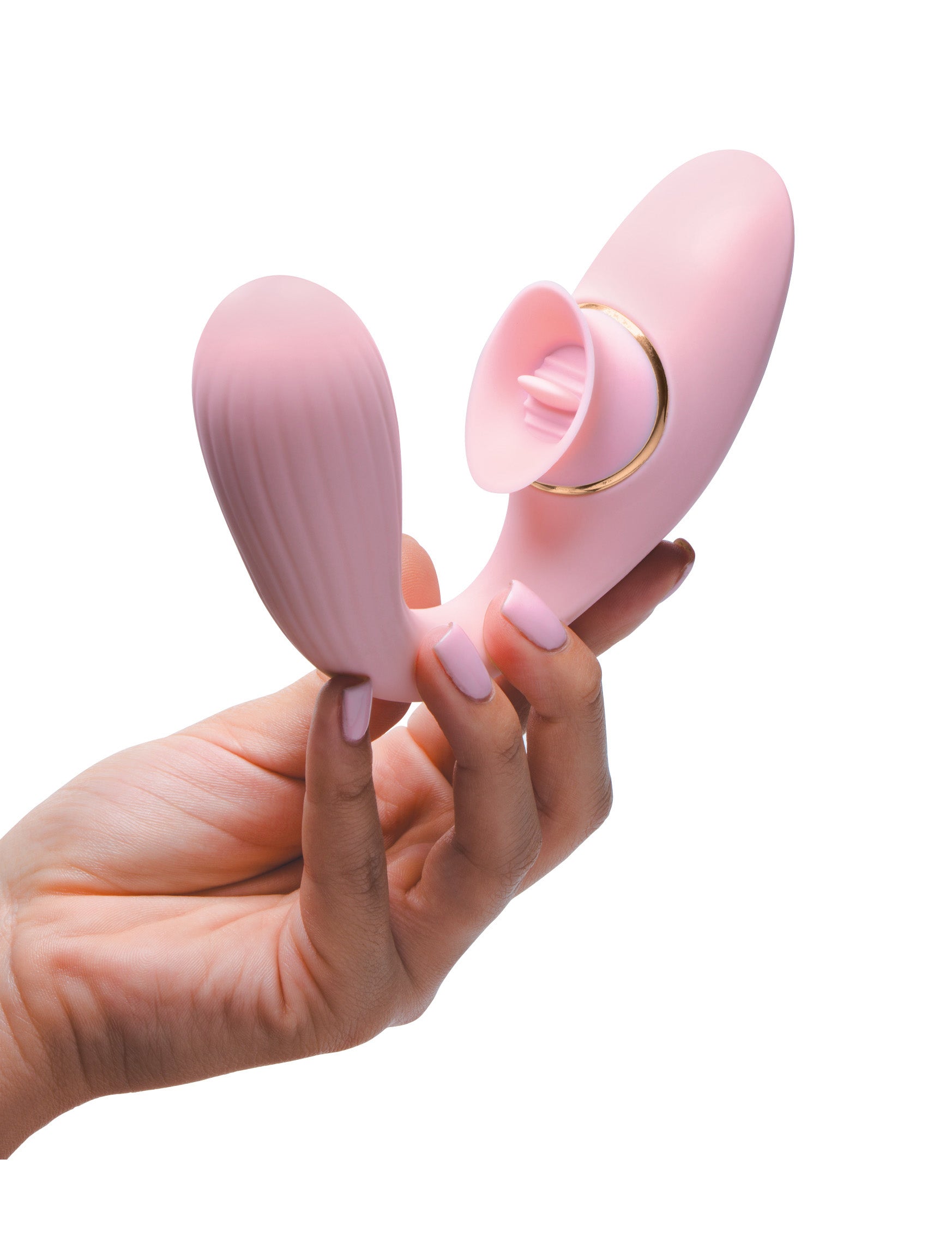 Hand holding the Pleasure Bender Bendable Vibe in pink