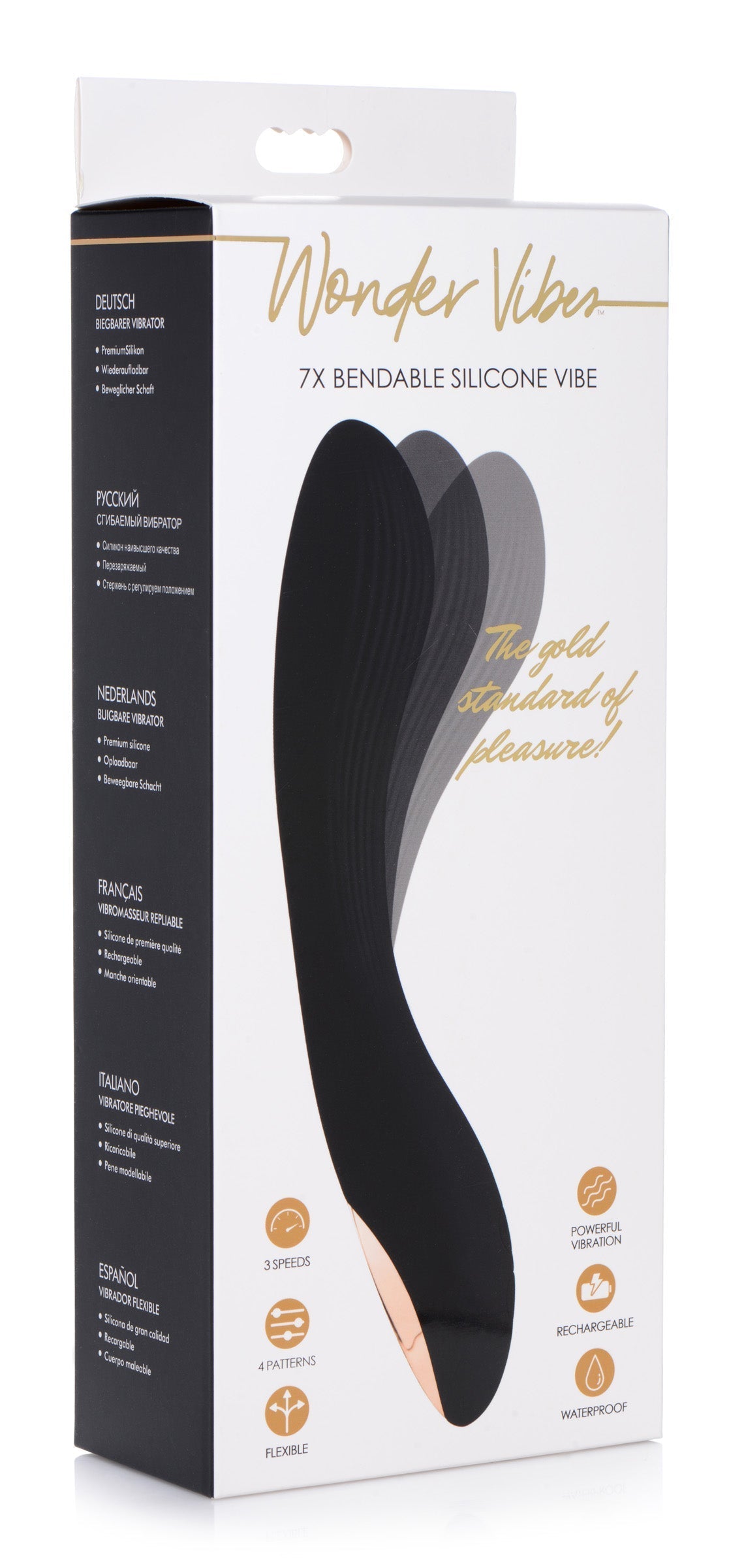 The 7x Bendable Silicone Vibrator with a black and gold design