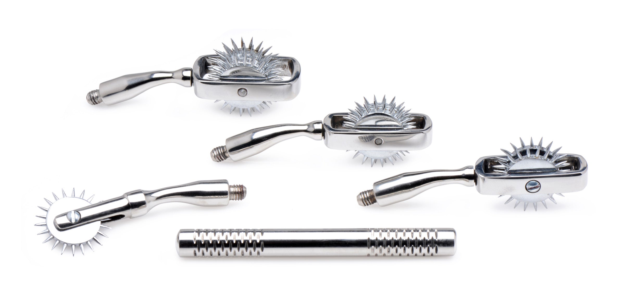 Close-up of the Deluxe Wartenberg Wheel Set featuring four spiked pinwheels