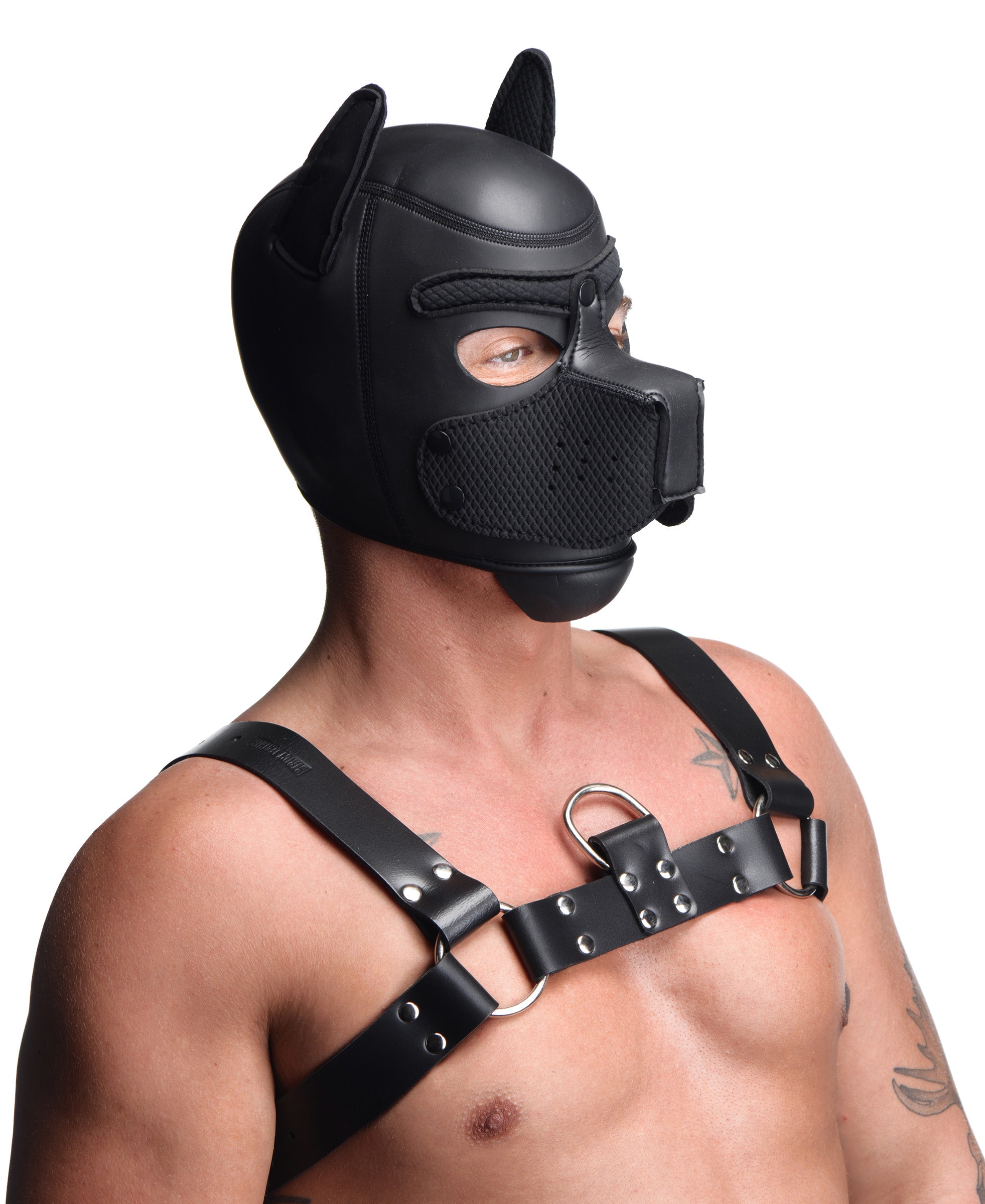 Person modeling a neoprene puppy hood with attached harness