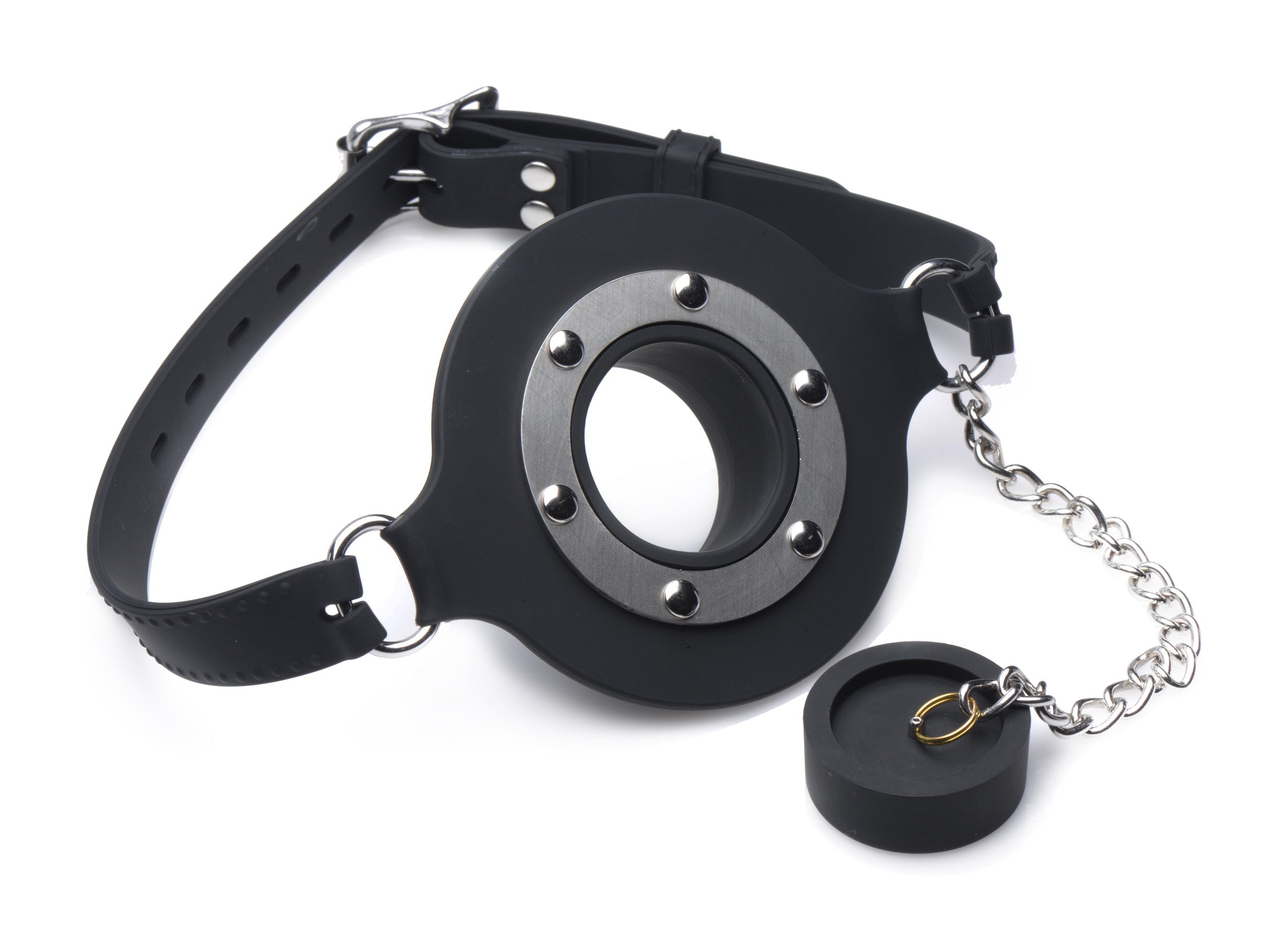 Detail of the Pie Hole Silicone Feeding Gag's leather strap and metal ring