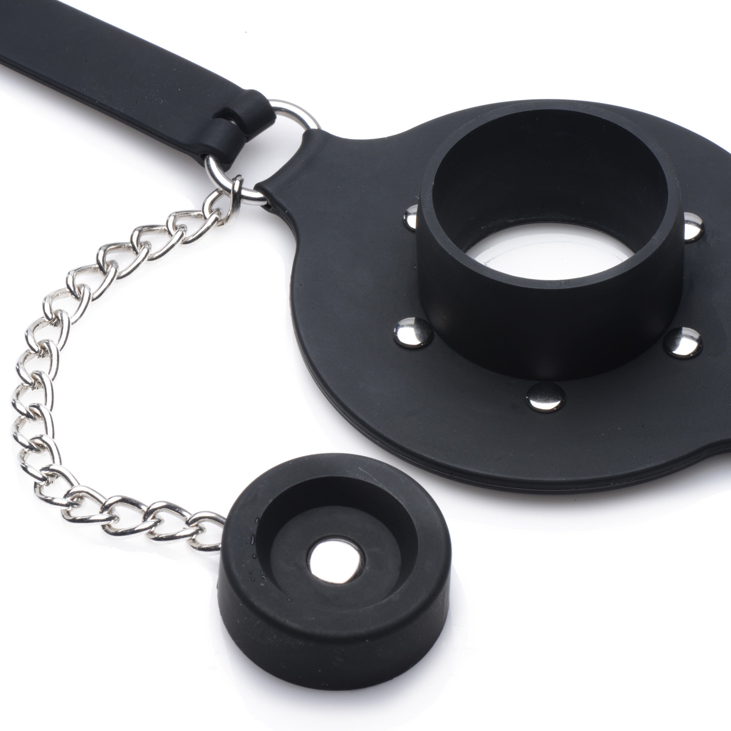 The Pie Hole Silicone Feeding Gag's chain attached to the silicone ring