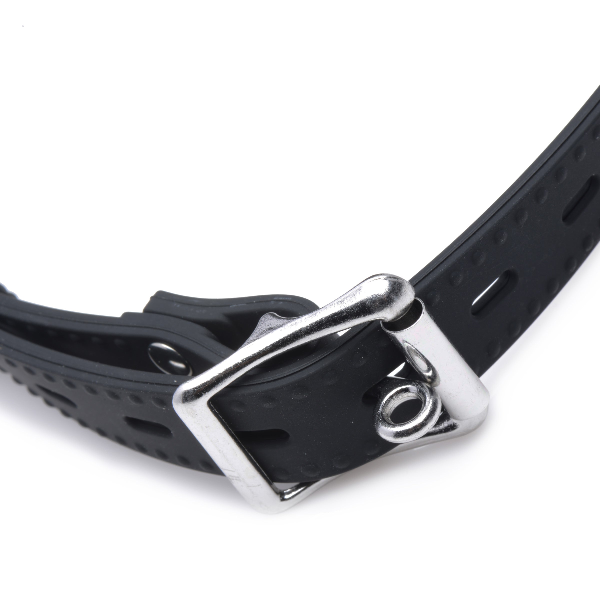 Adjustable strap of the Pie Hole Silicone Feeding Gag with a silver buckle