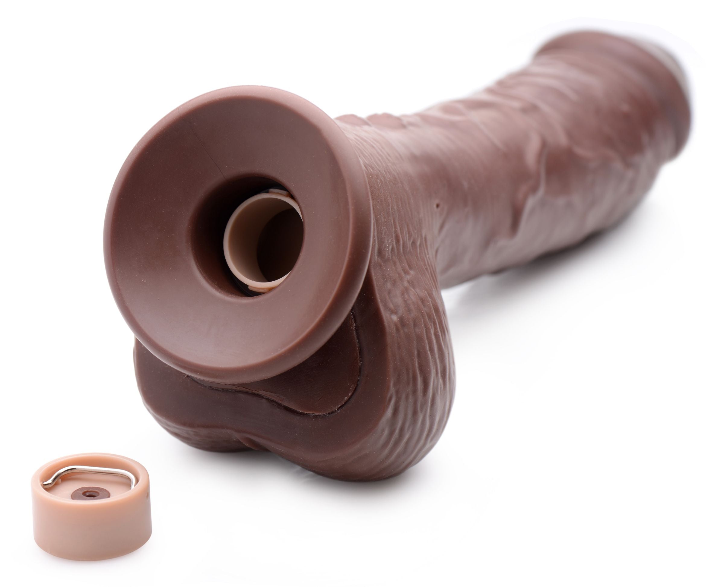 Detail of the 7-inch squirting dildo's texture and flexible ring