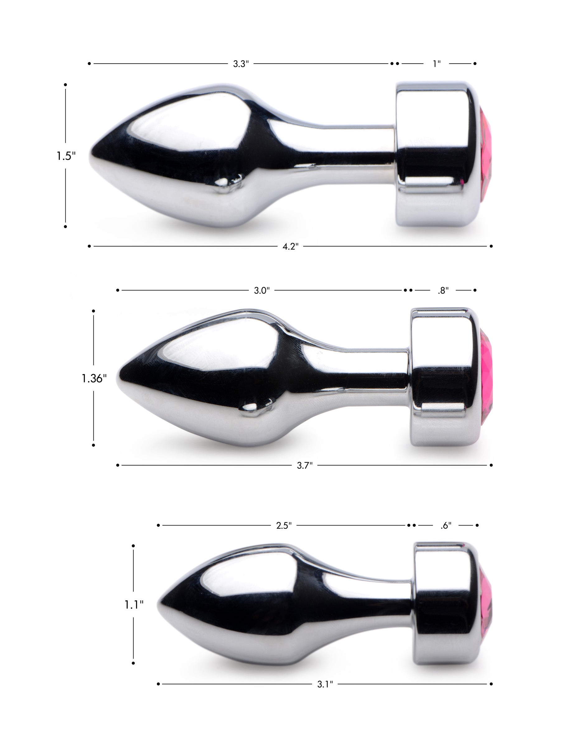 Size chart comparison for the Hot Pink Gem Weighted Anal Plug variants