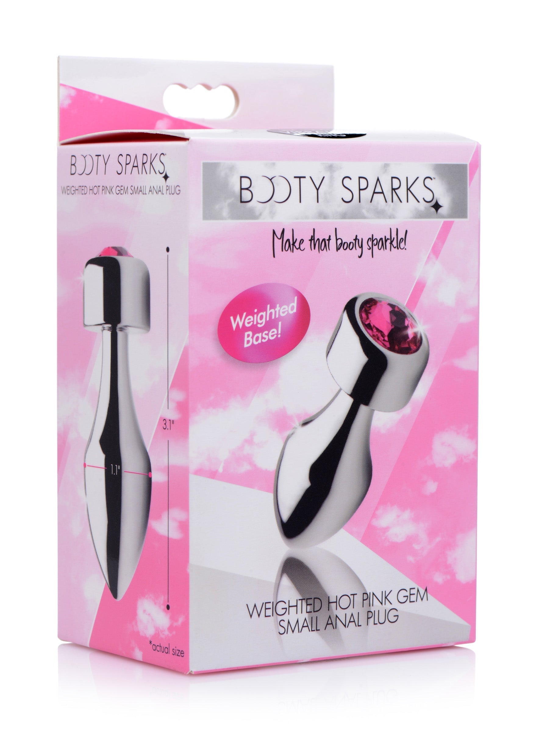 Packaging of the Hot Pink Gem Weighted Anal Plug with silver detailing