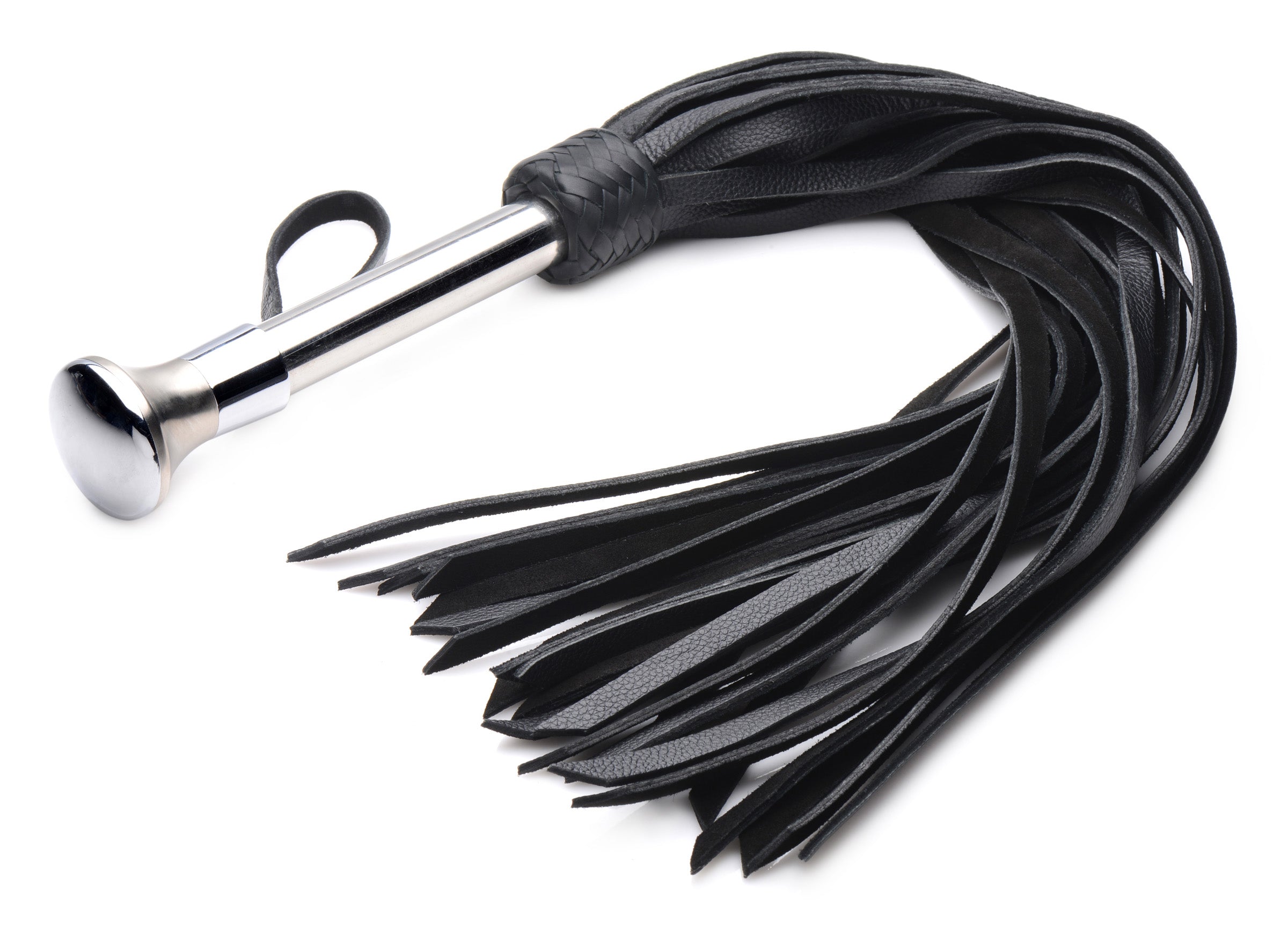 Stainless steel handled leather flogger with black tails