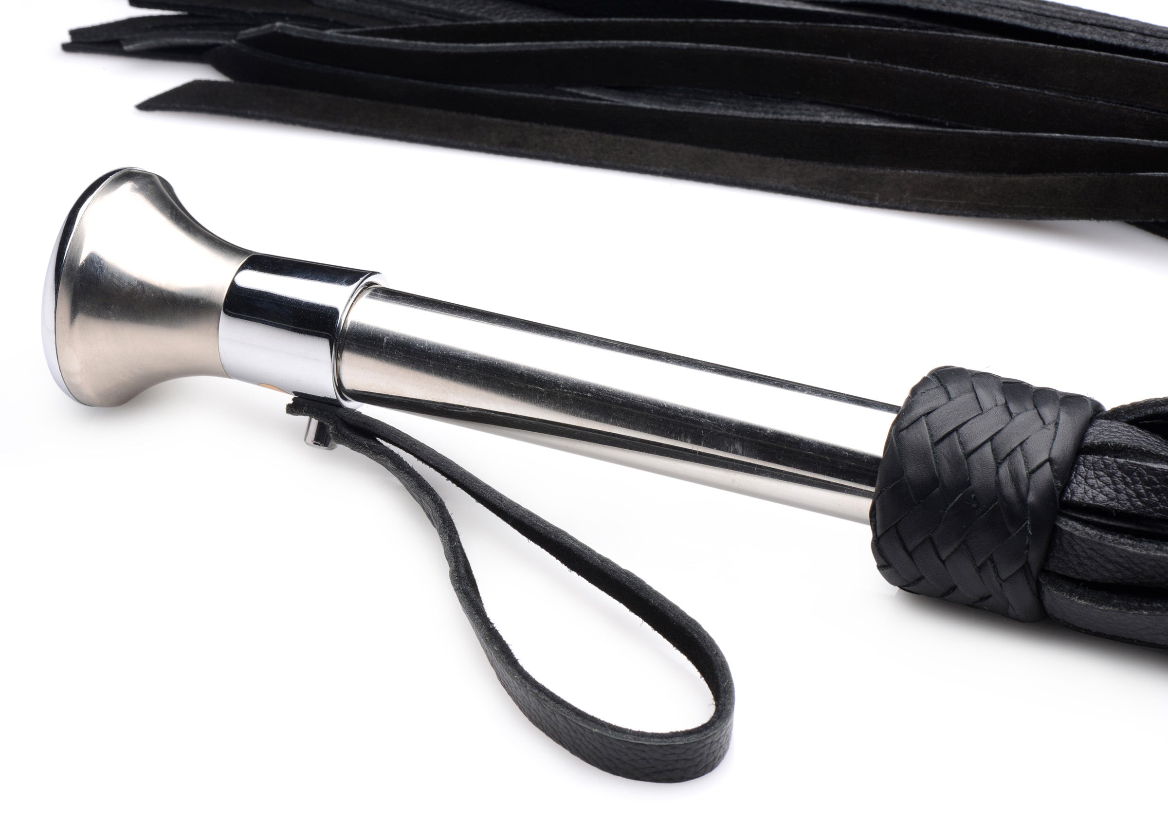 Black leather flogger with a stainless steel handle