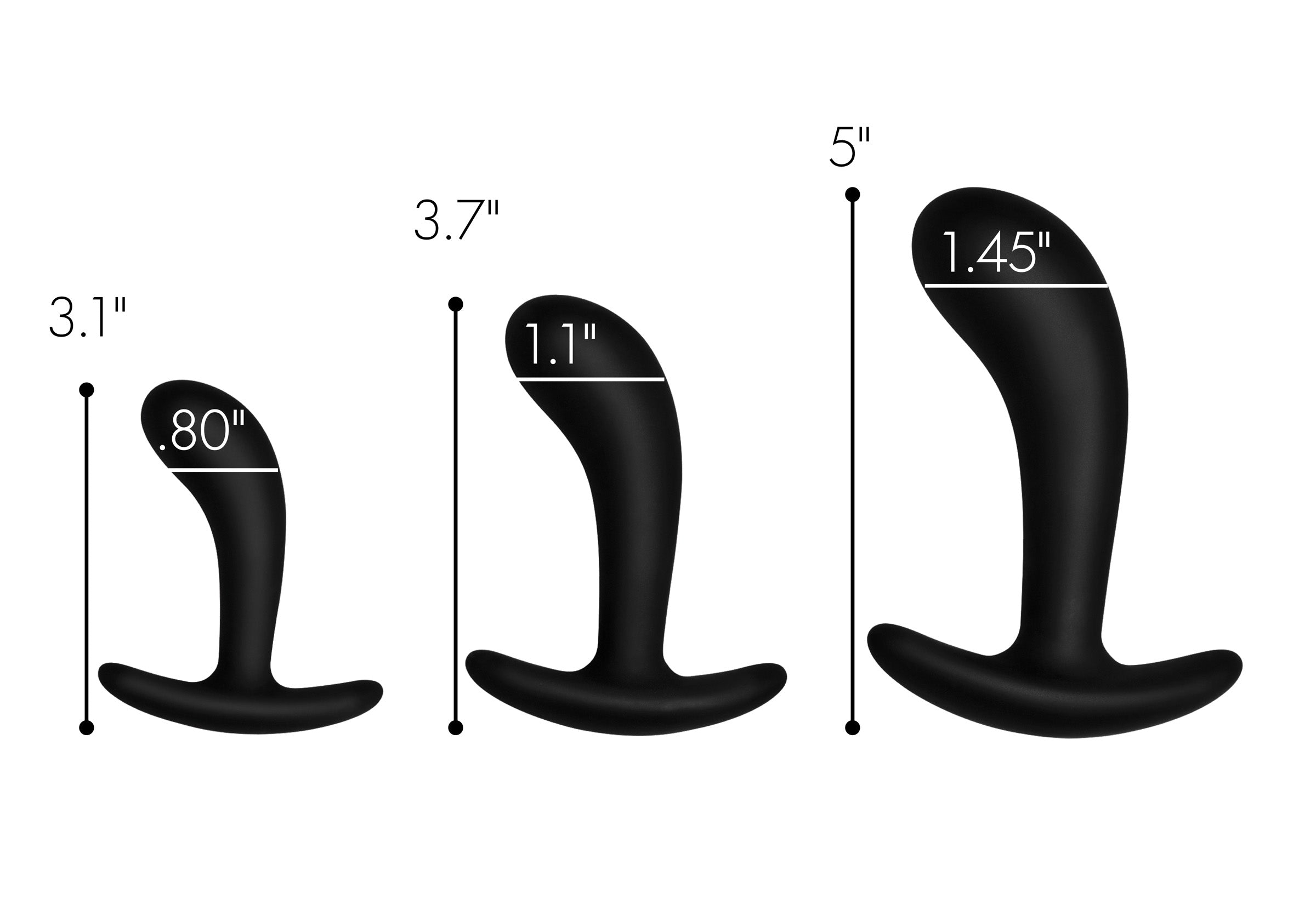 Size dimensions of the Dark Delights 3 Piece Curved Anal Trainer Set