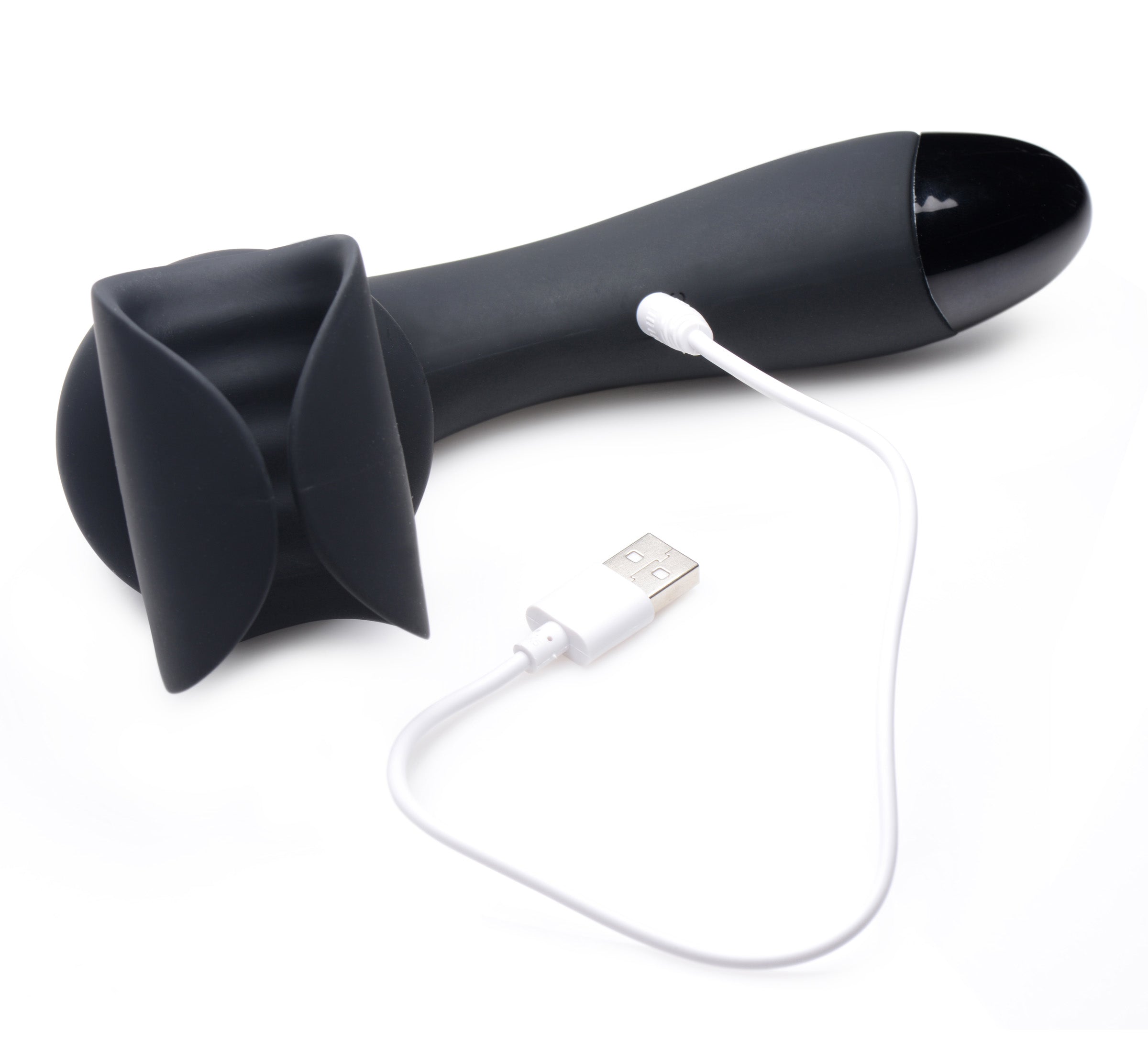 Solo Stroke Penis Teaser Wand in black with a USB charging cable attached