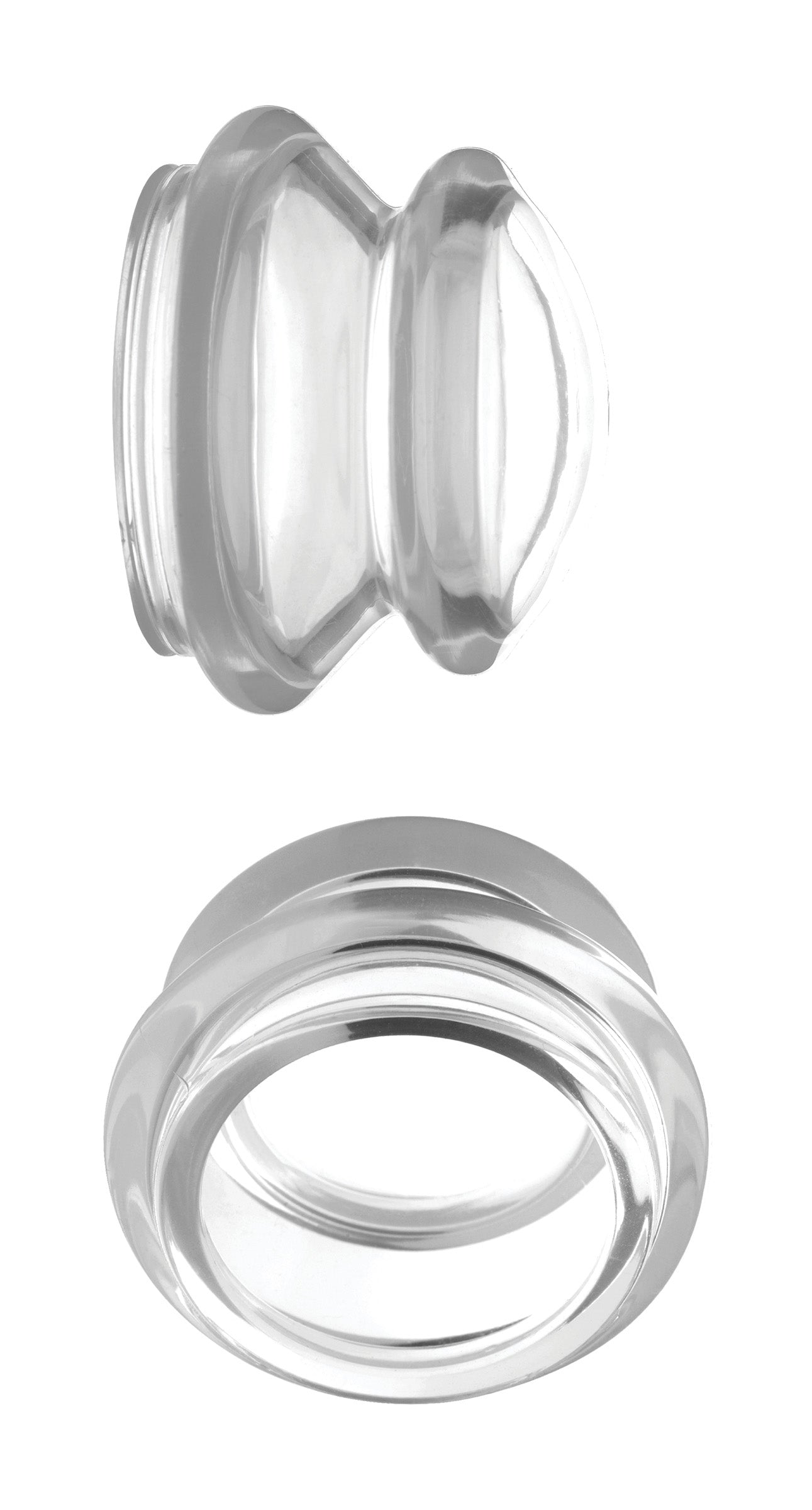 Silicone nipple suckers made of clear material on a white background