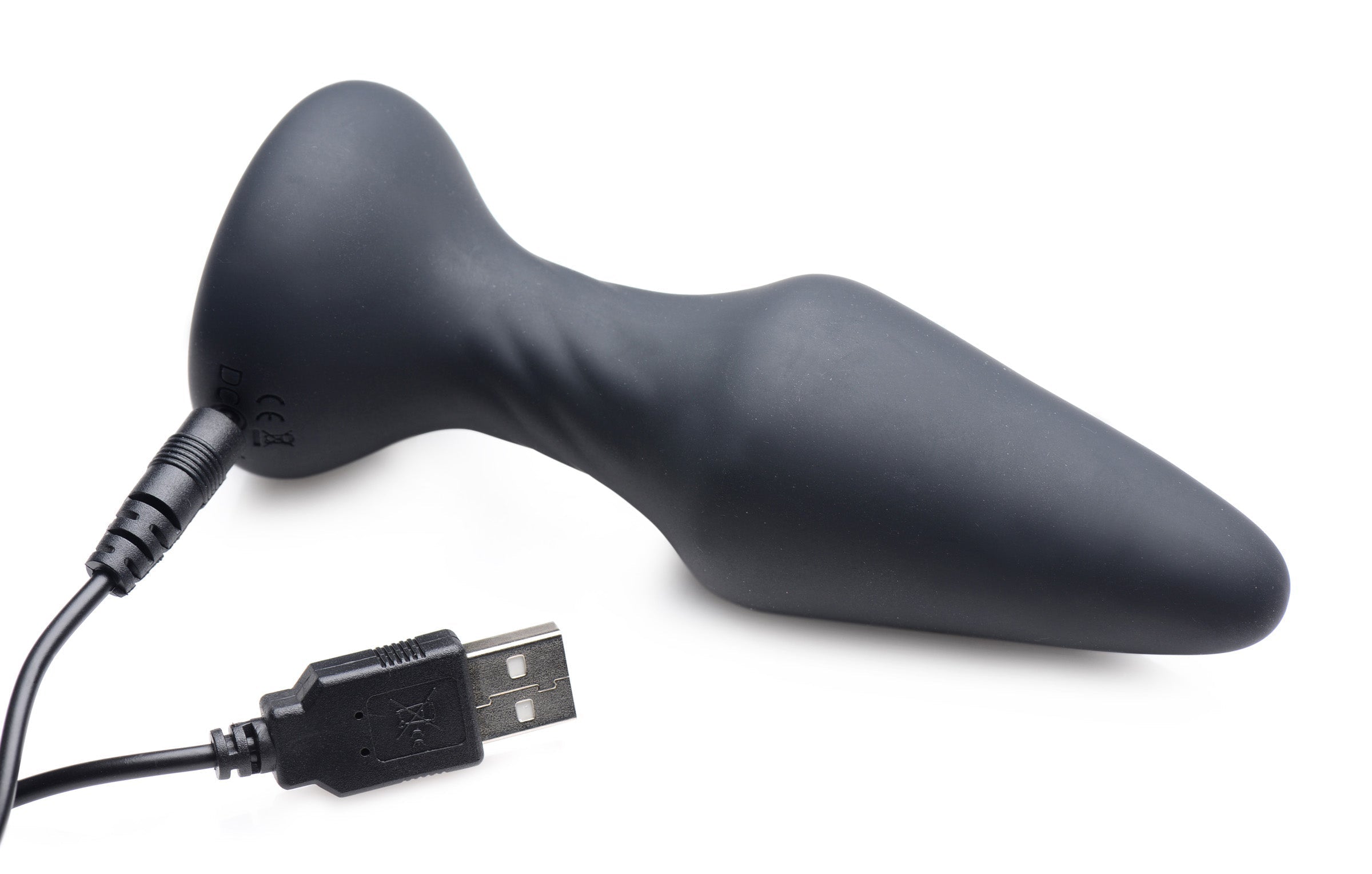 Black silicone anal plug with a USB charging cable