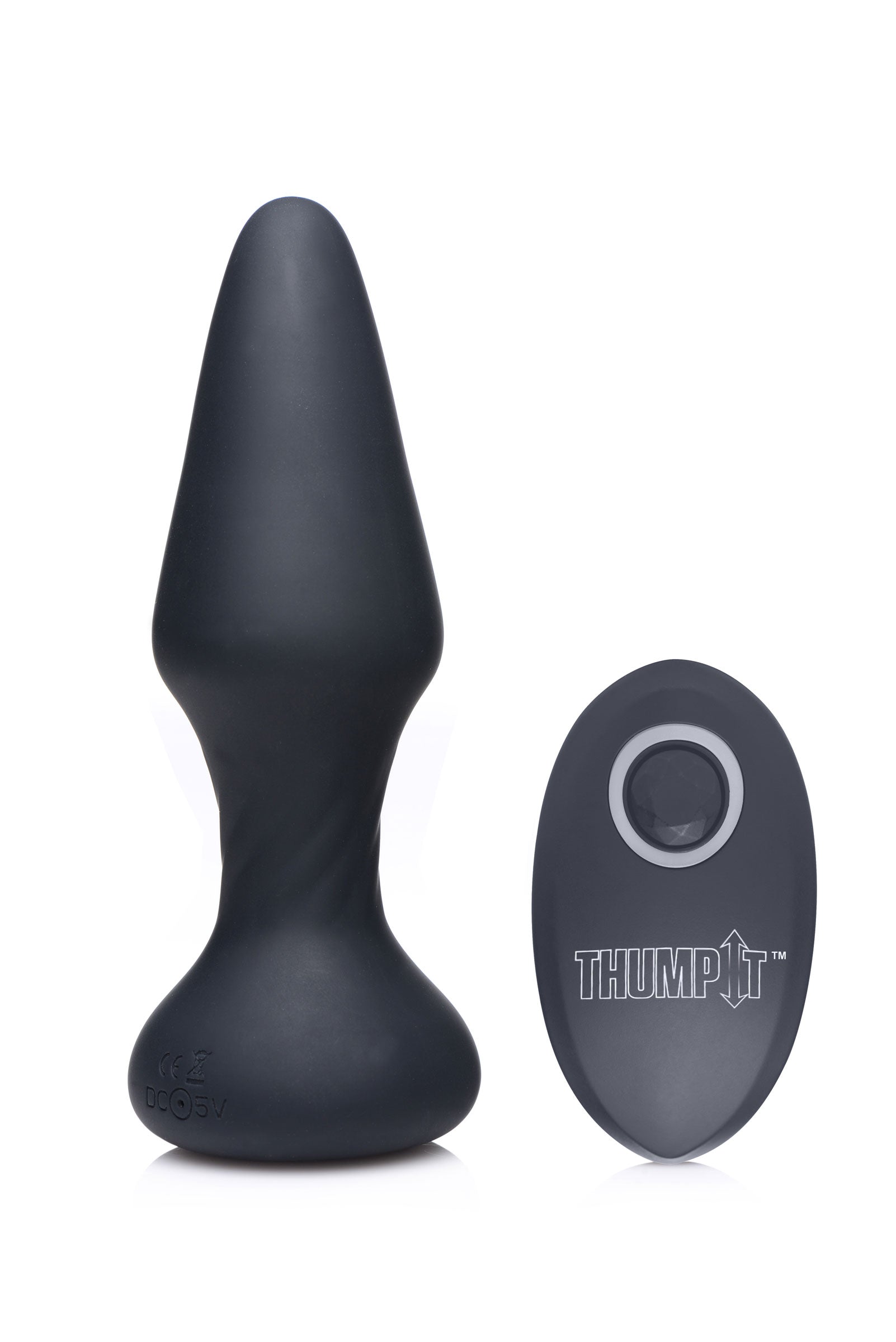 Black silicone anal plug with a thumping feature and remote control