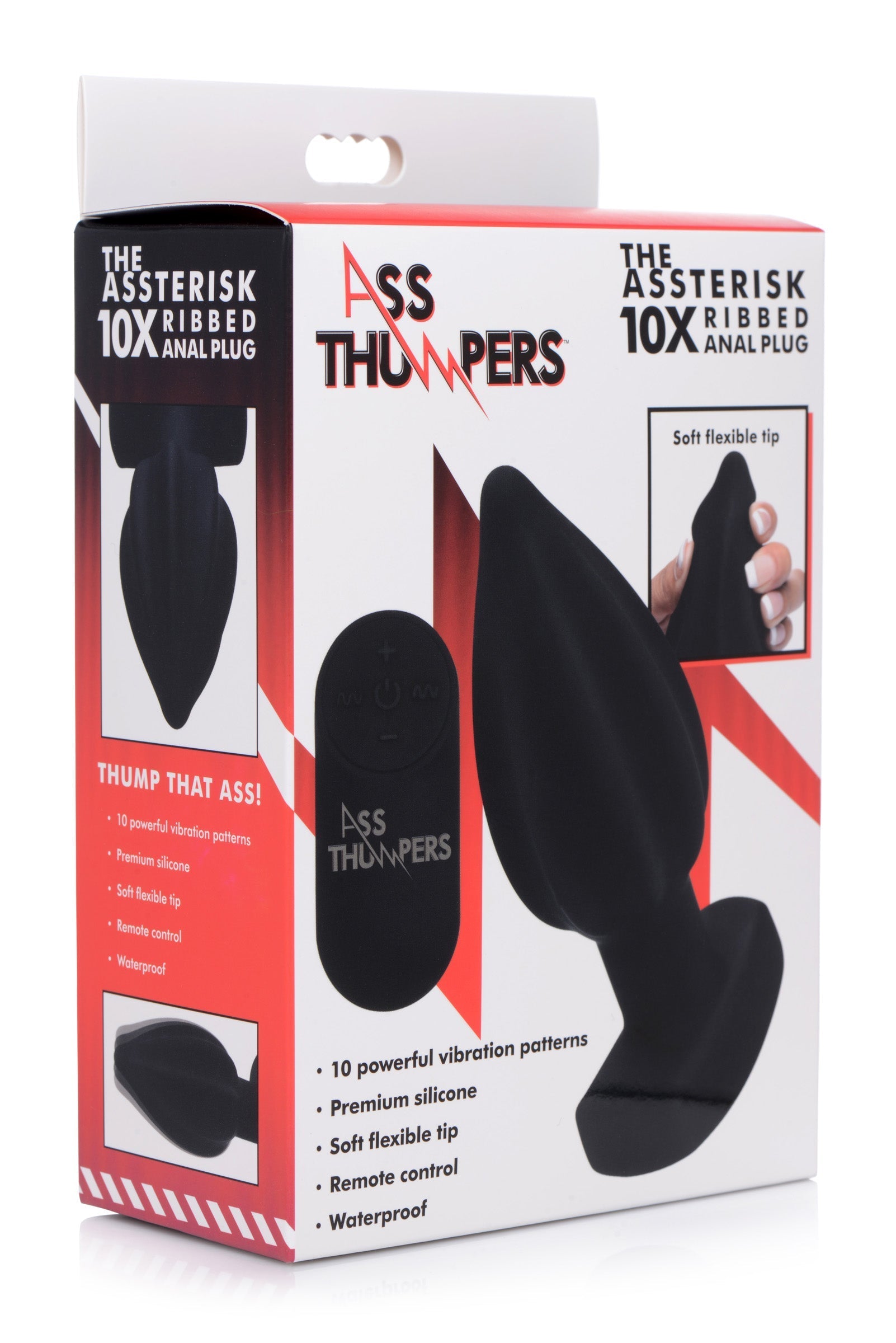 Packaging of the Assterisk 10x Ribbed Vibrating Butt Plug with black and red design