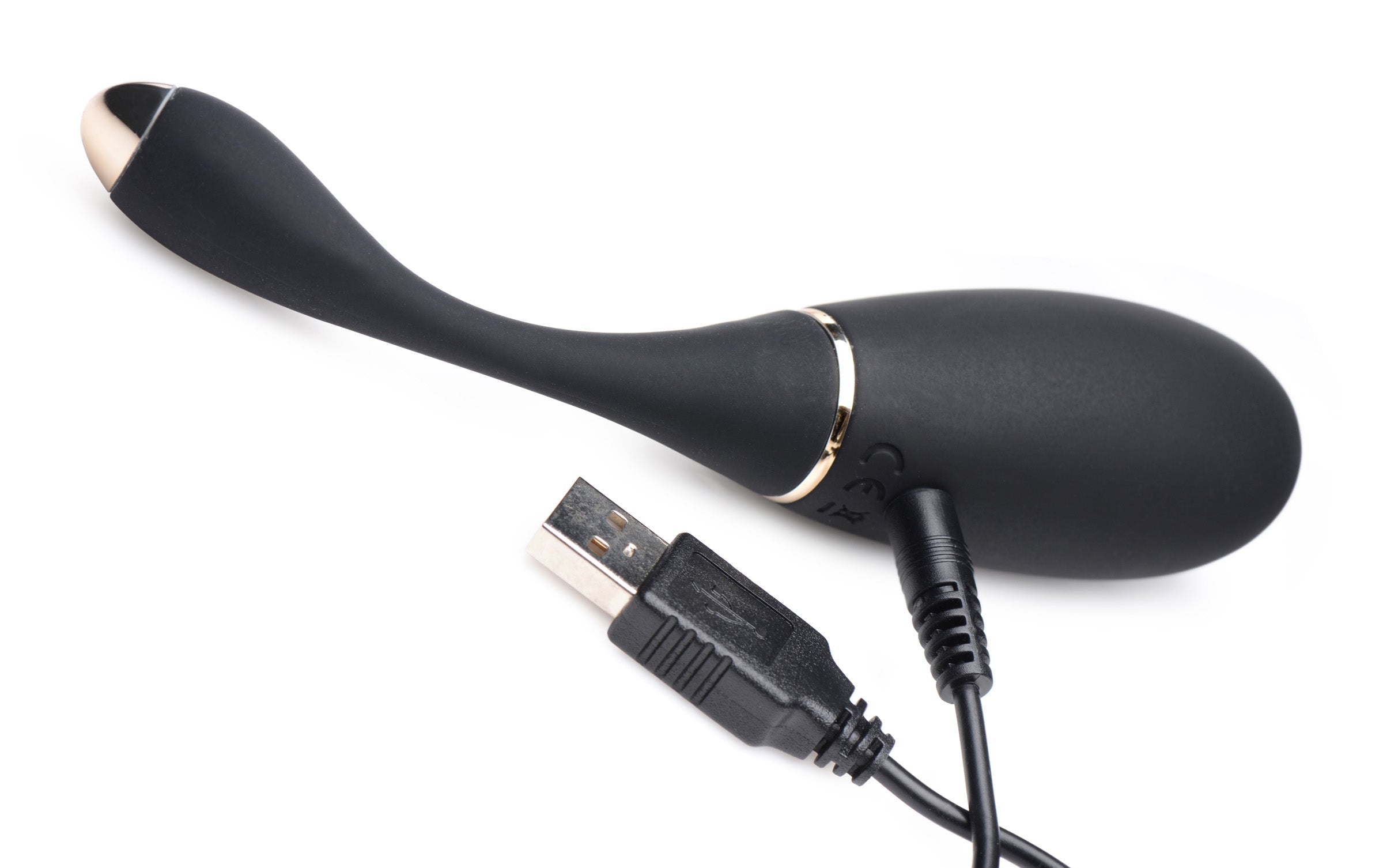 Black and gold 10x vibrating egg with a USB charging cable